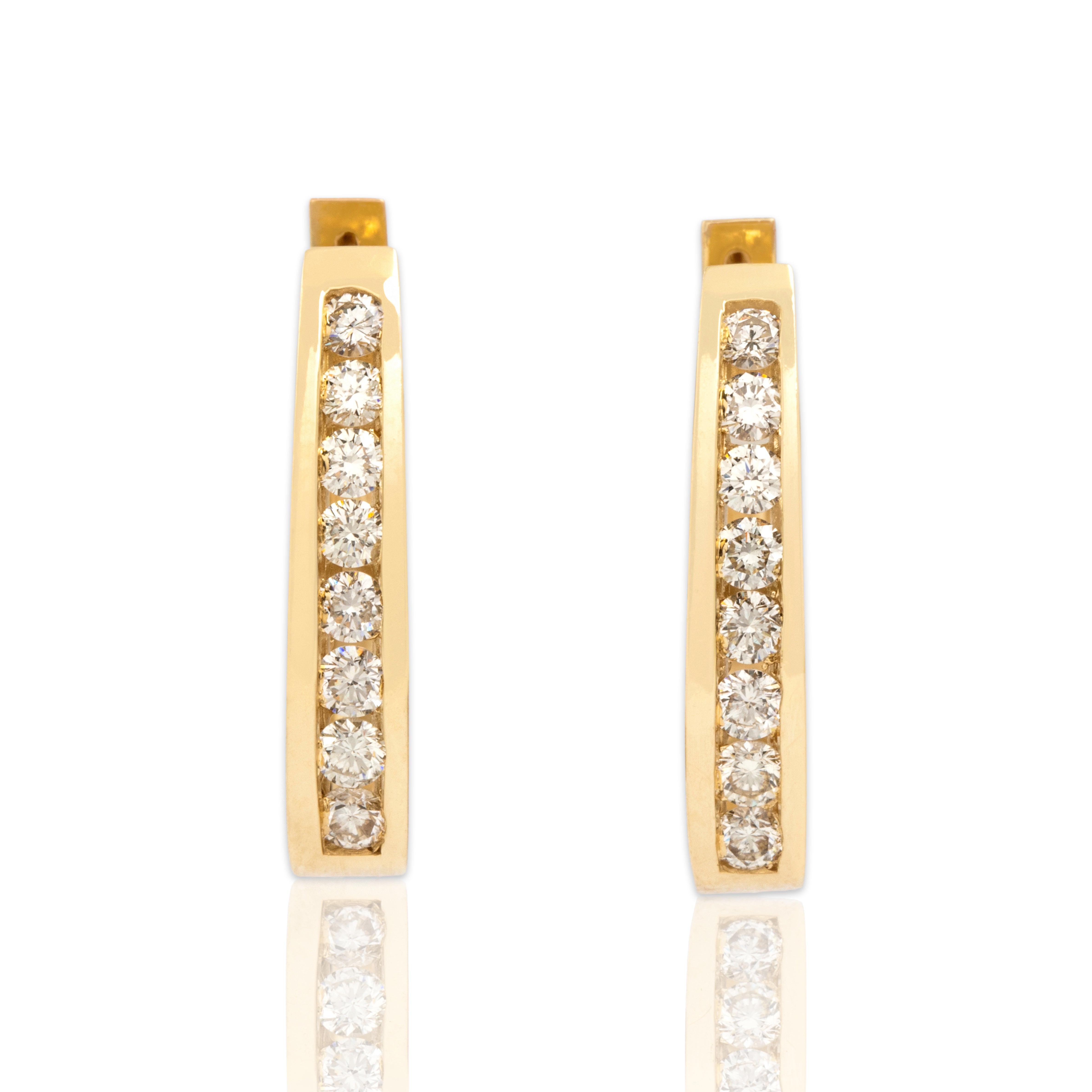 Vintage 14k Yellow Gold .85cttw Diamond Sparkling Channel Set Hoop Earrings- Close-up view