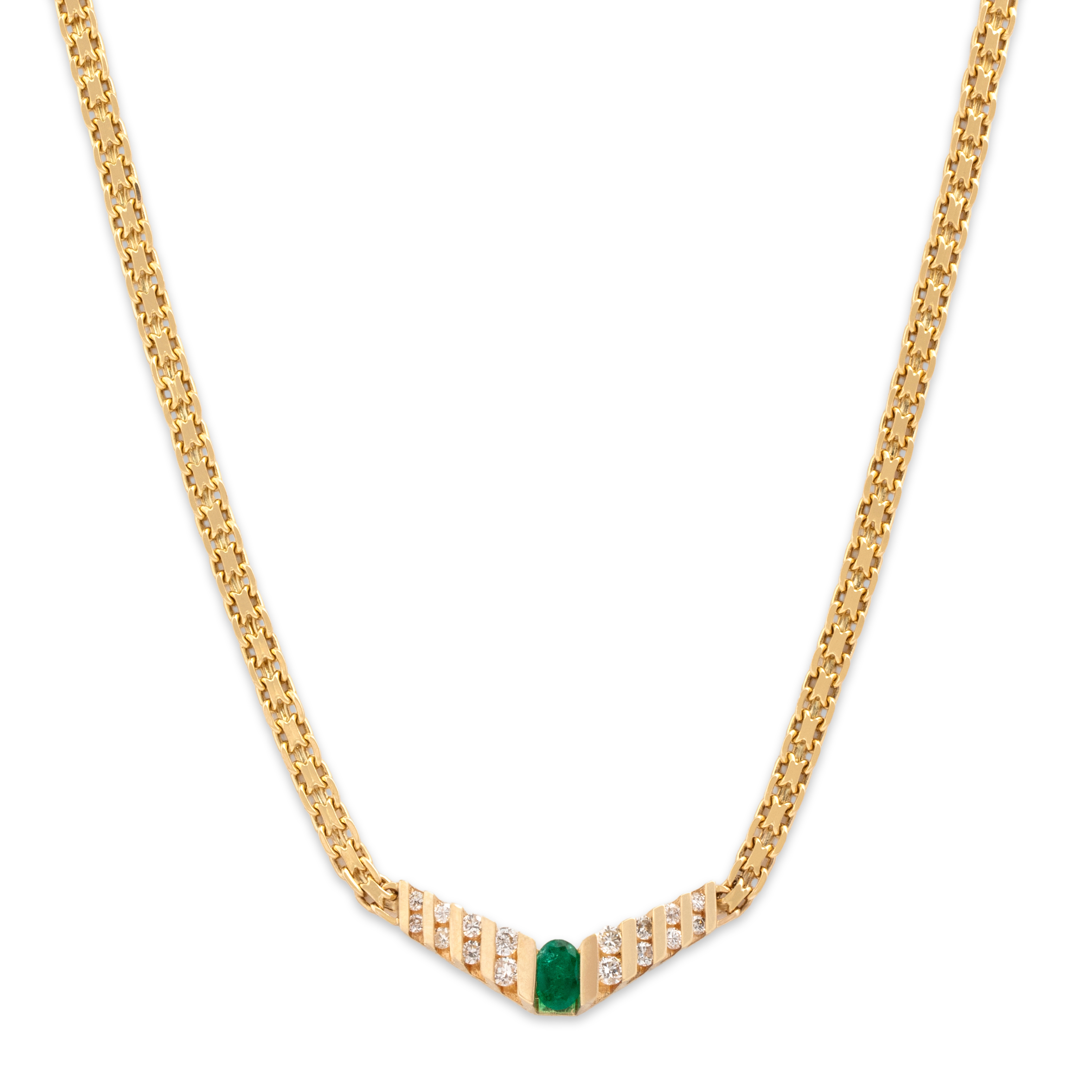 Vintage 14k Yellow Gold .41ct Emerald .42cttw Diamond Chic Chevron Necklace 17.5