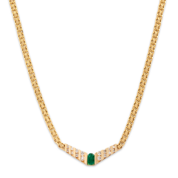 Vintage 14k Yellow Gold .41ct Emerald .42cttw Diamond Chic Chevron Necklace 17.5