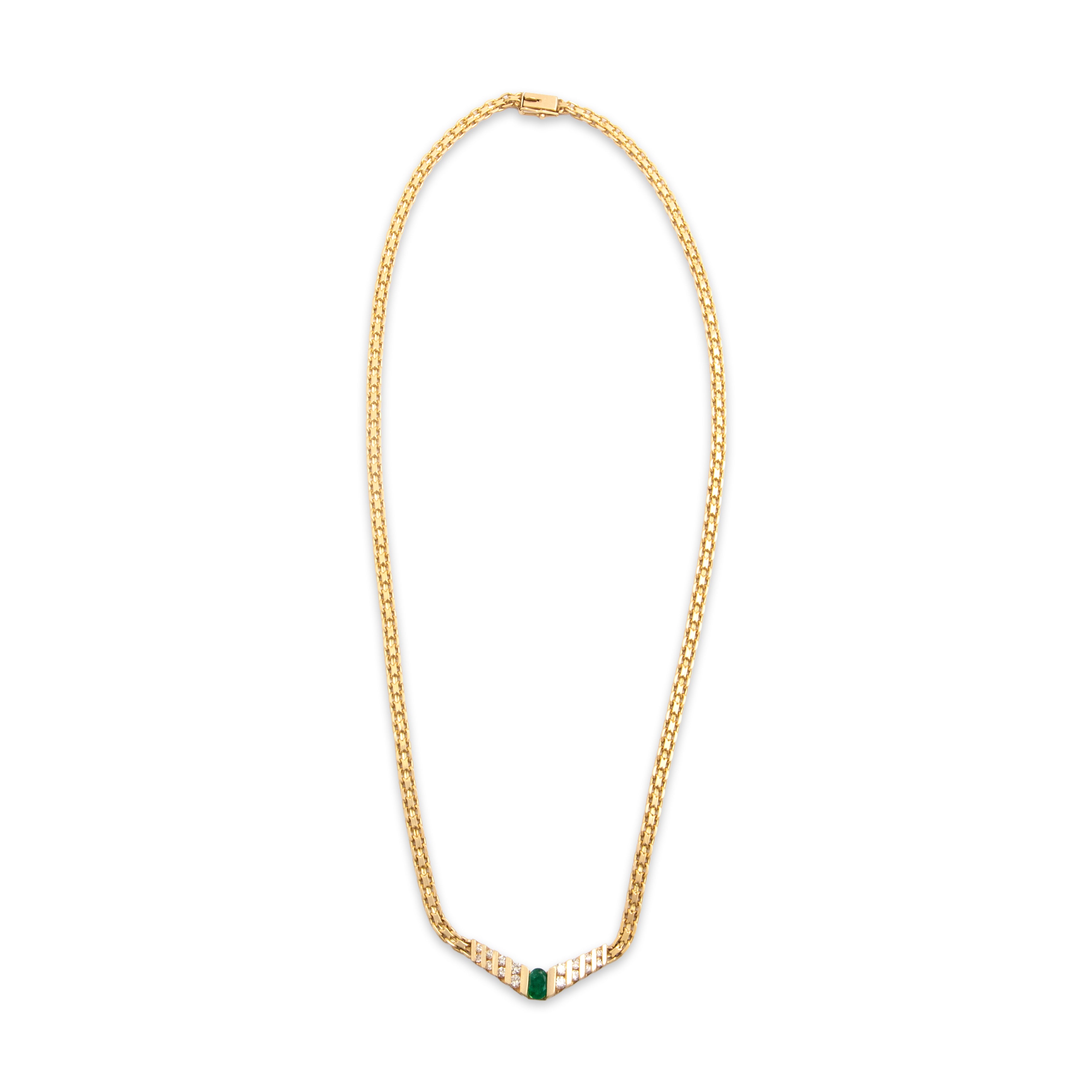 Vintage 14k Yellow Gold Diamond Emerald Fantastic Channel-Set Chevron Necklace - Overall view