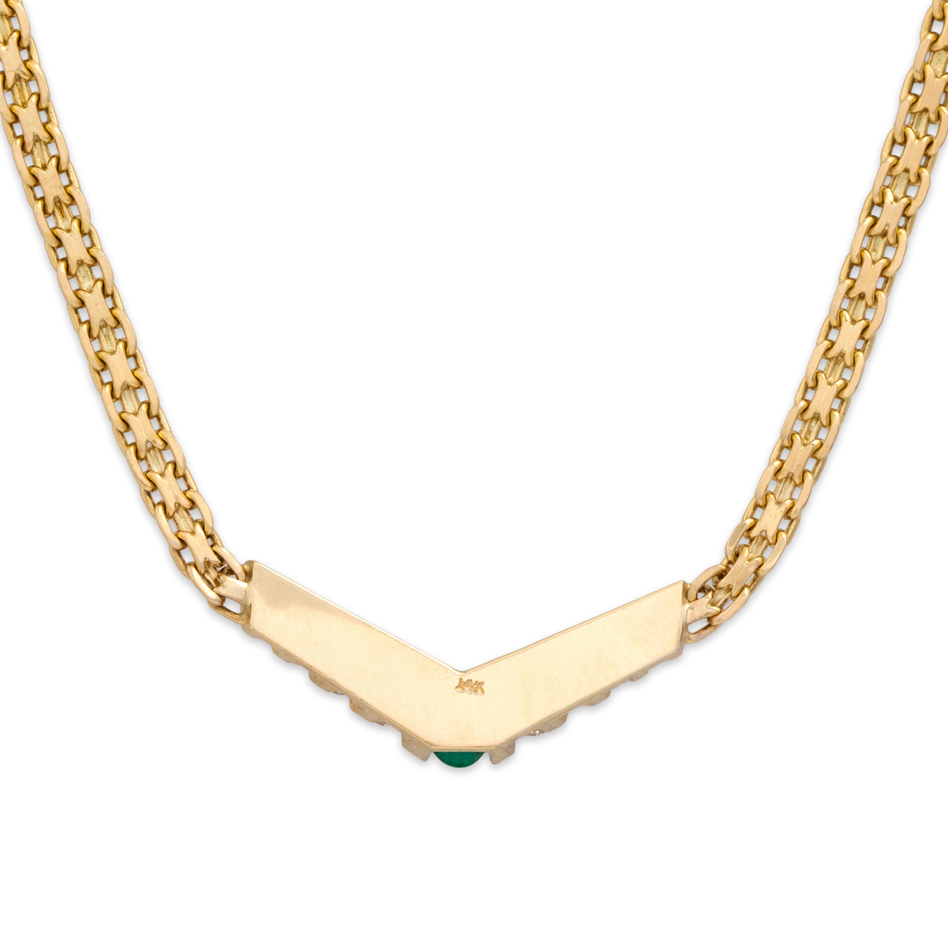 Vintage 14k Yellow Gold Diamond Emerald Fantastic Channel-Set Chevron Necklace - Back view