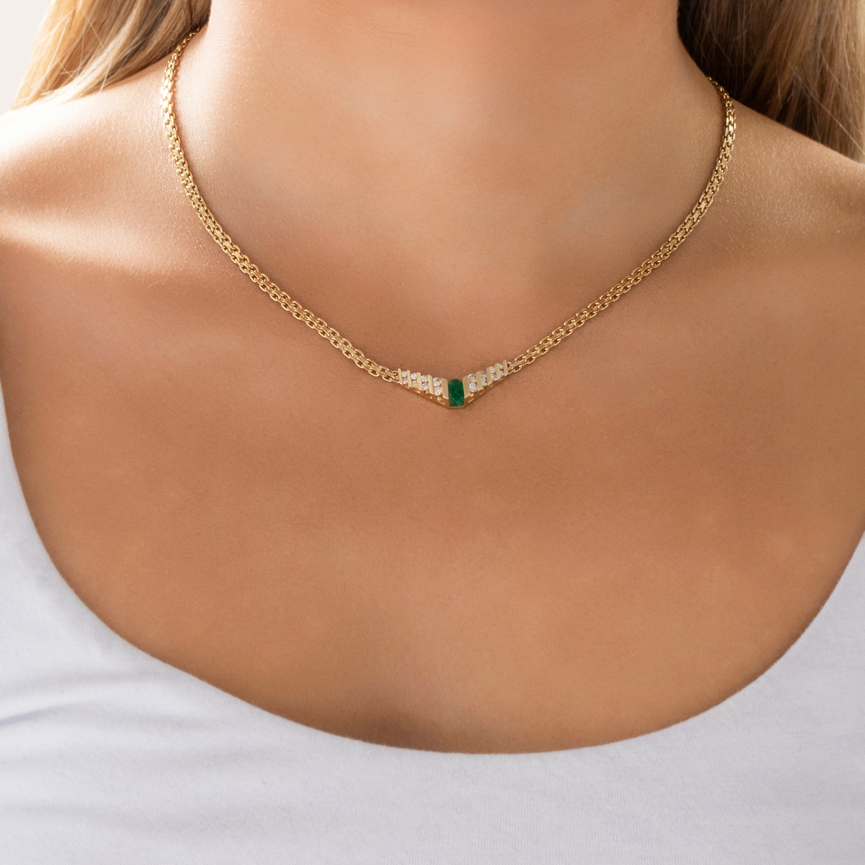 Vintage 14k Yellow Gold Diamond Emerald Fantastic Channel-Set Chevron Necklace - On model view