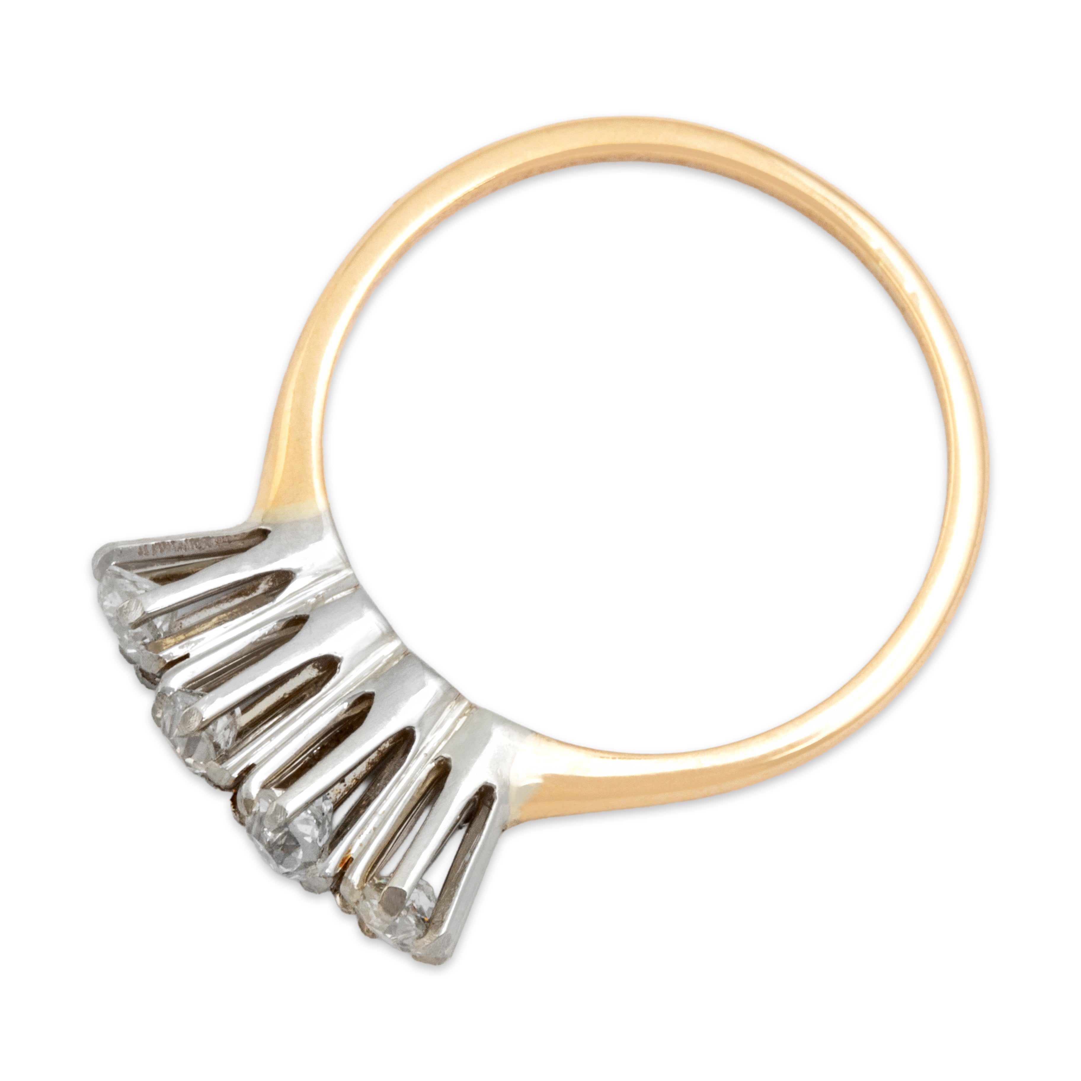 Antique 14k Yellow & White Gold Old Mine Cut Diamond Dazzling Dramatic Tall-Set Line Ring - detail view #1