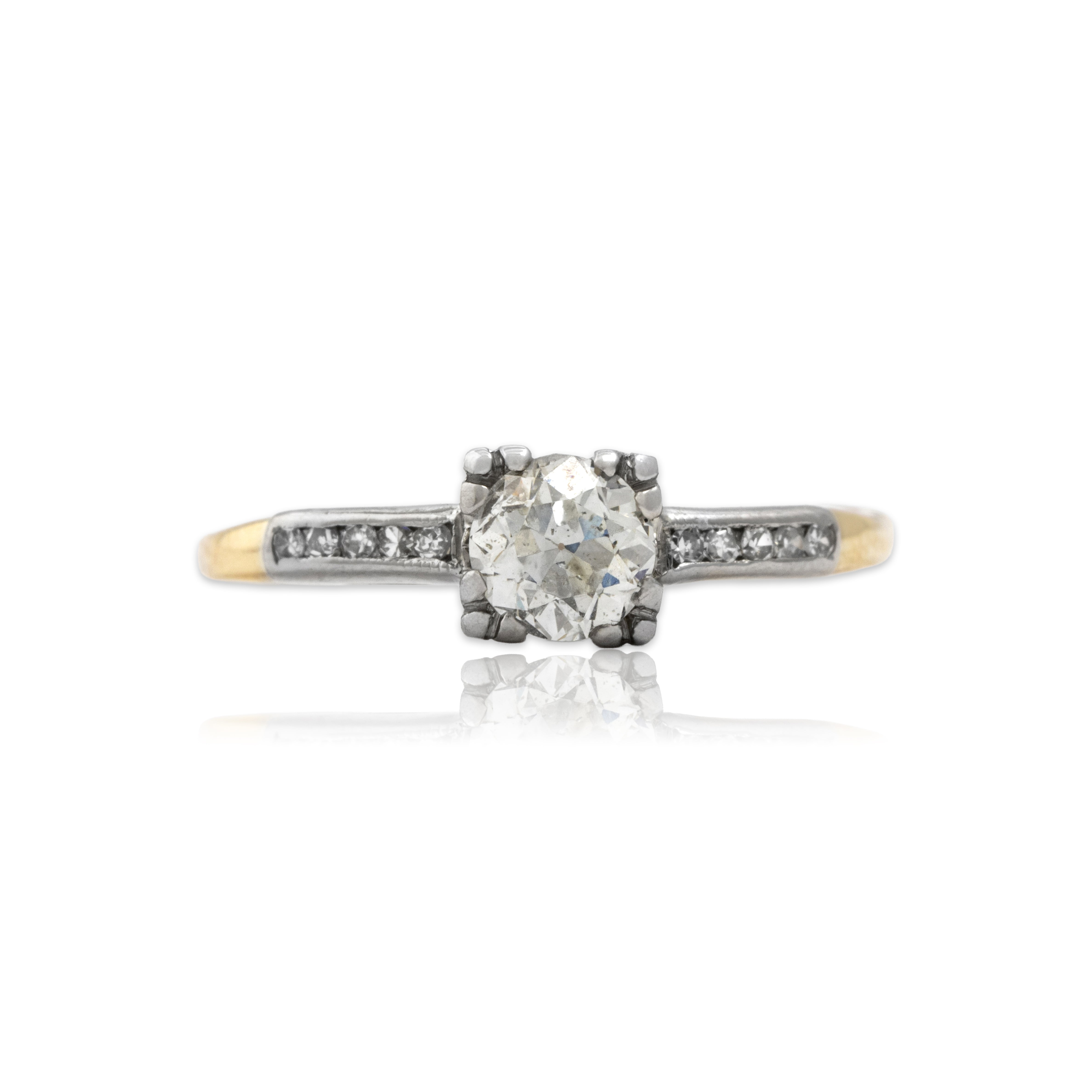 Vintage 14k Yellow & White Gold .54ct Old Mine Cut Diamond Diamond Classic Sparkling Square-Set Ring - Close-up view