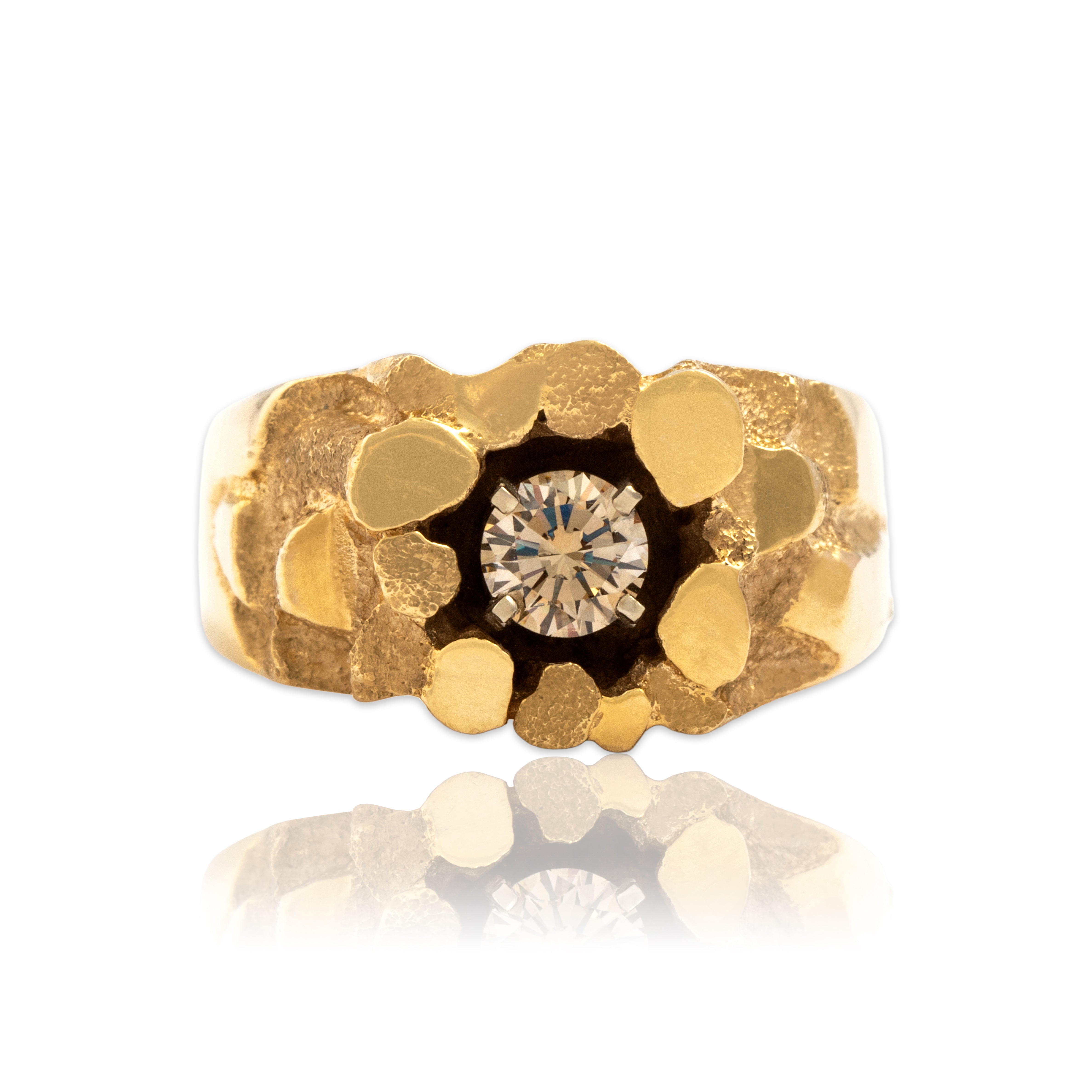 Vintage 14k Yellow Gold Champagne Diamond Bold Brutalist Nugget Solitaire Ring - Close-up view