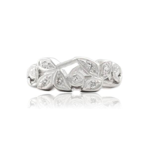 Vintage 14k White Gold Naturalistic Leafy Diamond Band Ring 5.75