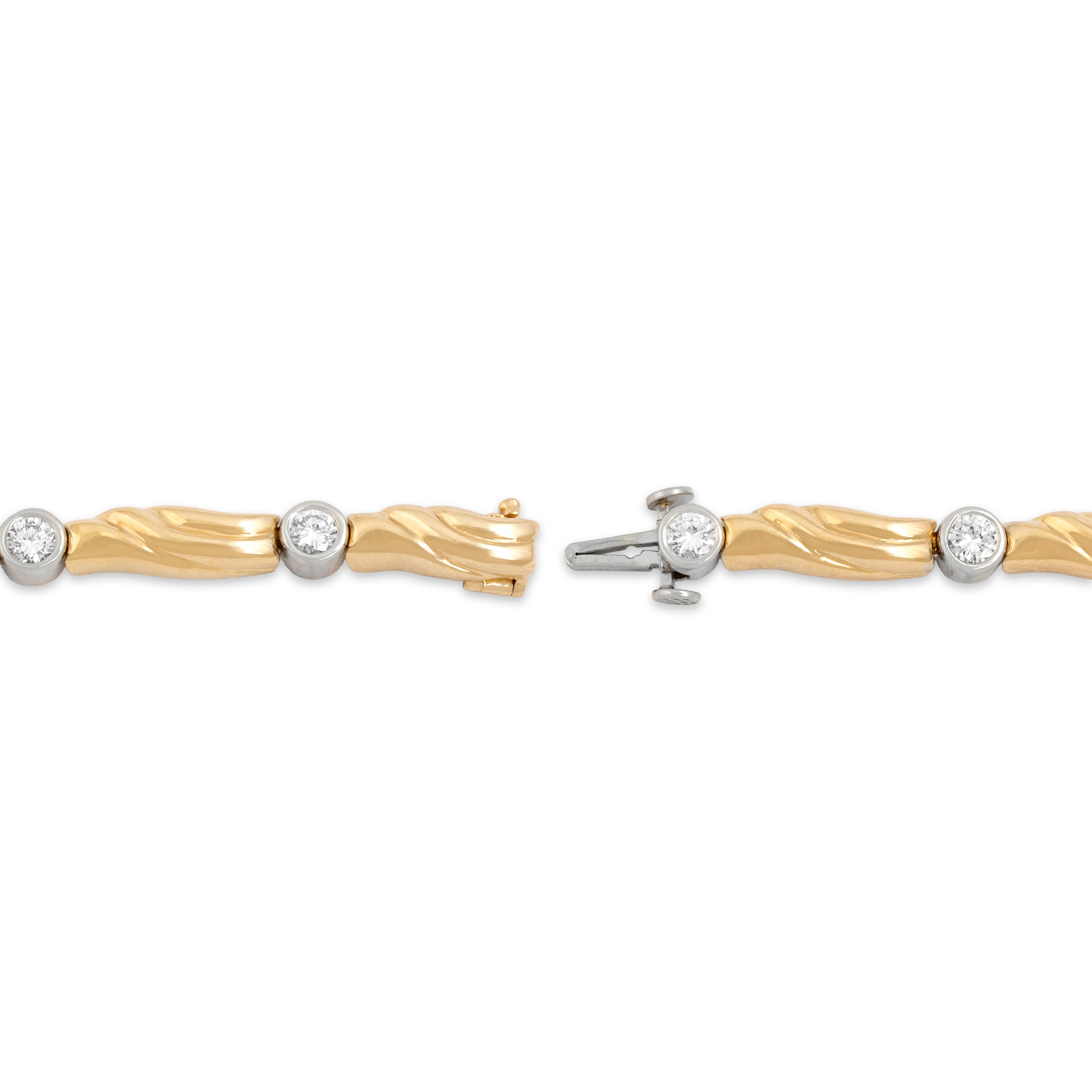 Vintage 14k Yellow & White Gold Diamond Bezel-Set Flowing Links Bracelet - clasp view