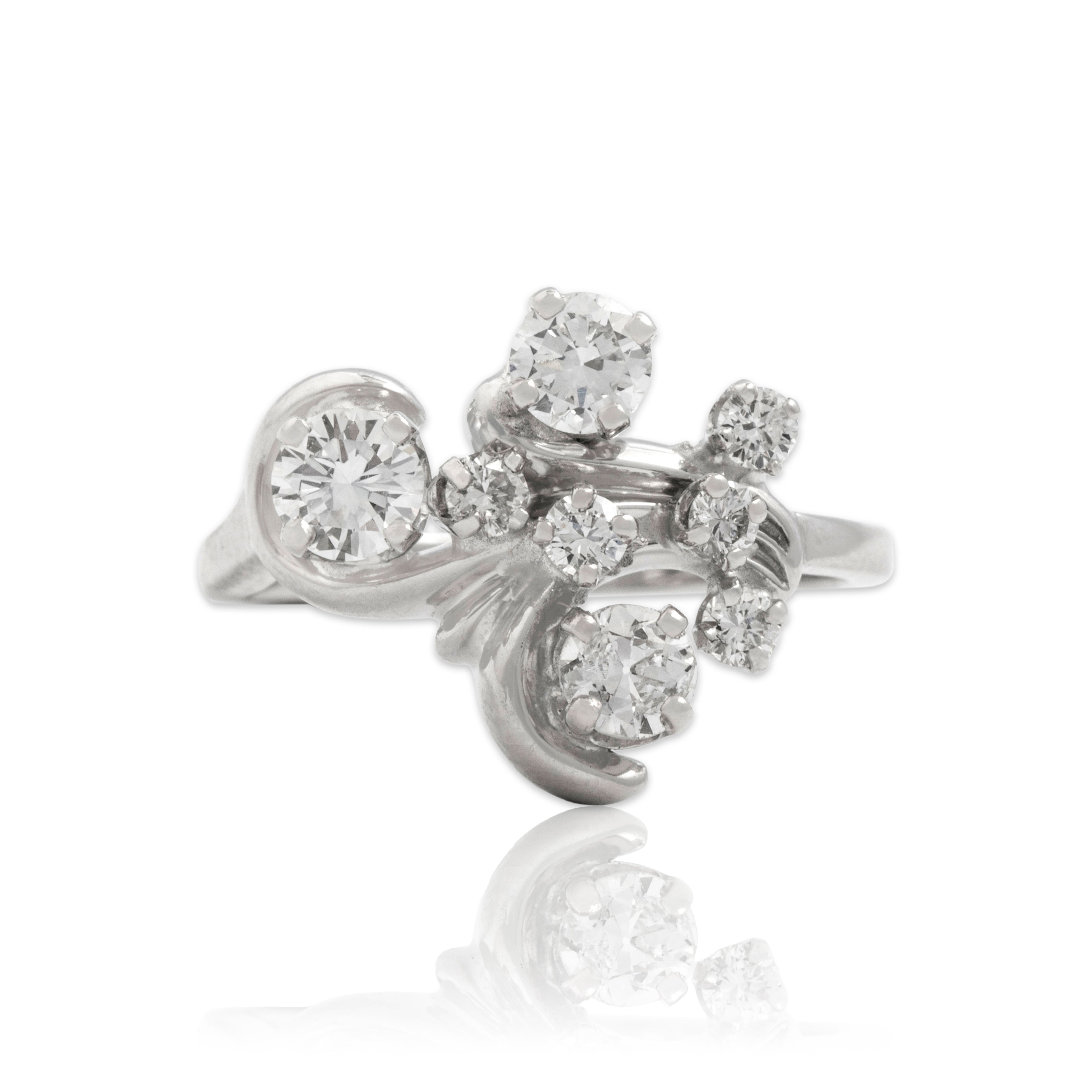 Vintage 14k White Gold .98cttw Old European Diamond Superb Botanical Swirl Ring 7.00