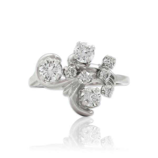 Vintage 14k White Gold .98cttw Old European Diamond Superb Botanical Swirl Ring 7.00