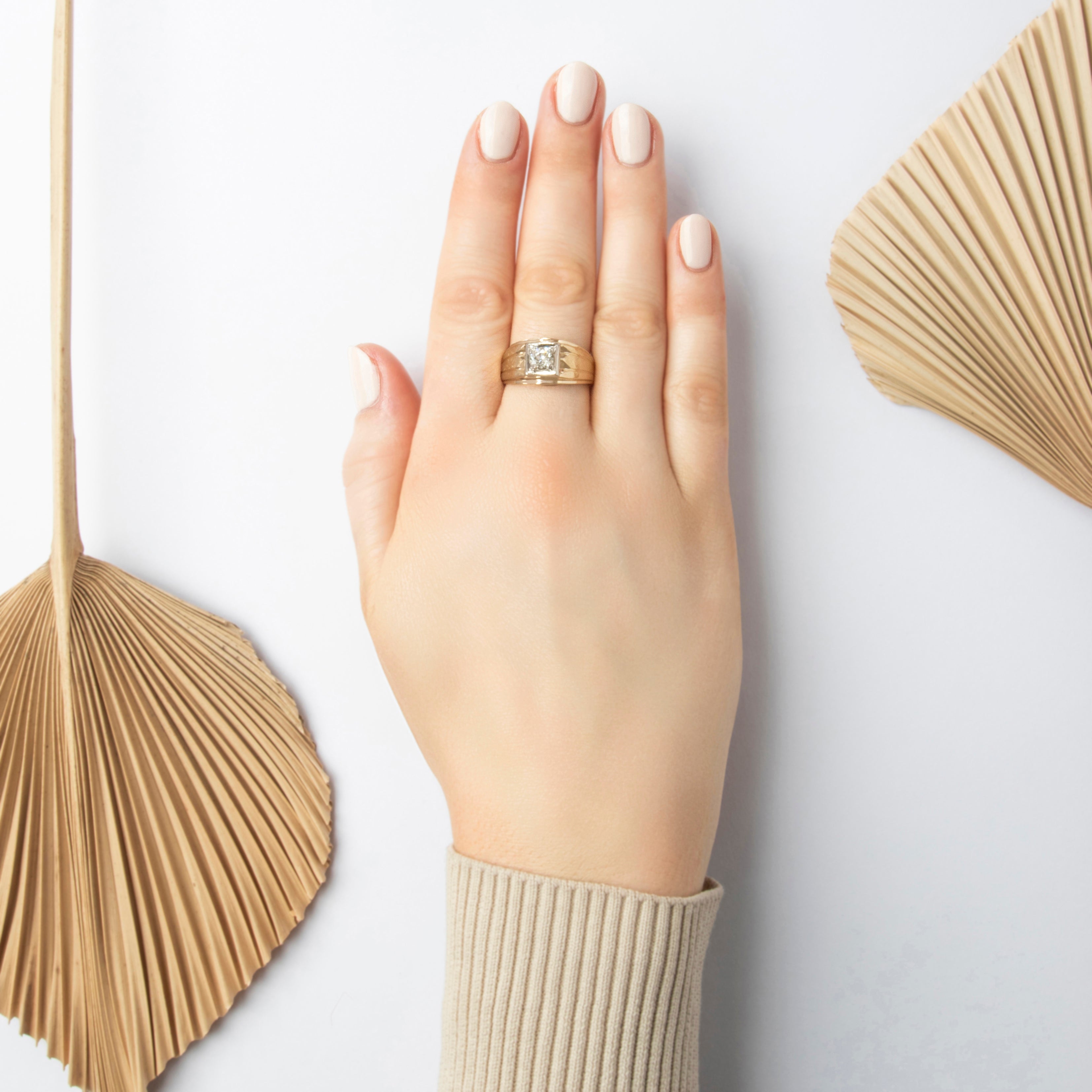 Vintage Wide Bold 14k Yellow Gold .56ct Old European Cut Diamond Solitaire Ring - On model view