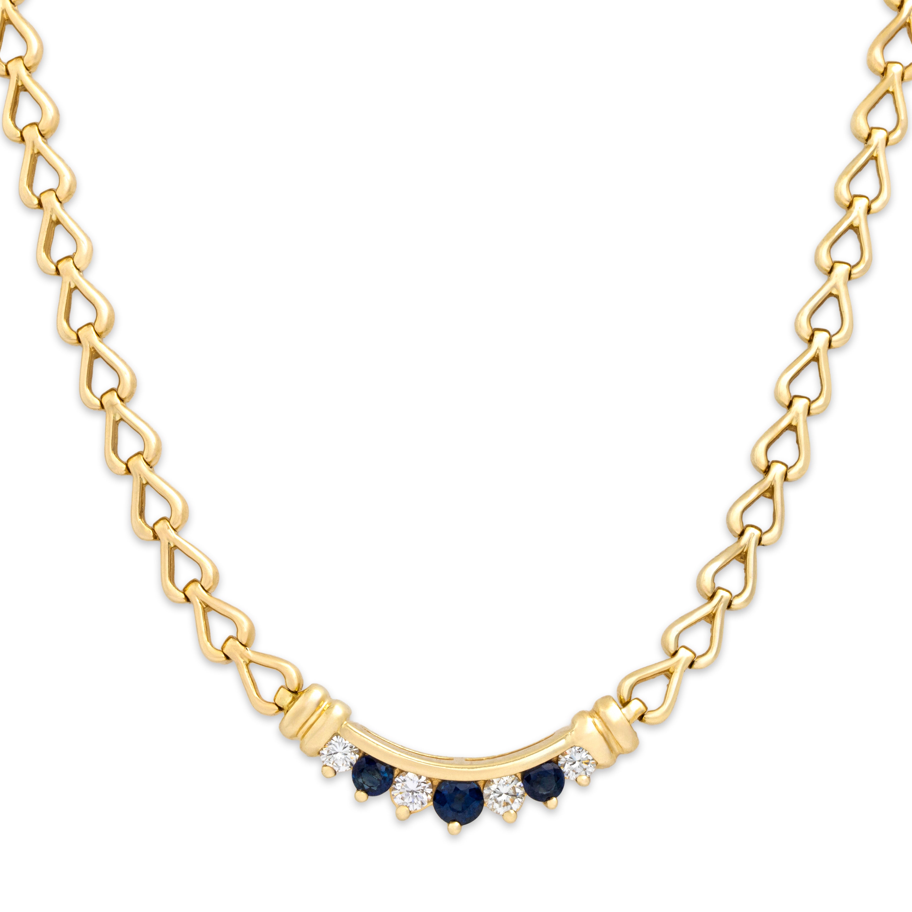 Vintage 14k Yellow Gold Blue Sapphire .52cttw Diamond Superb Alternating Line Arch Necklace - Close-up view