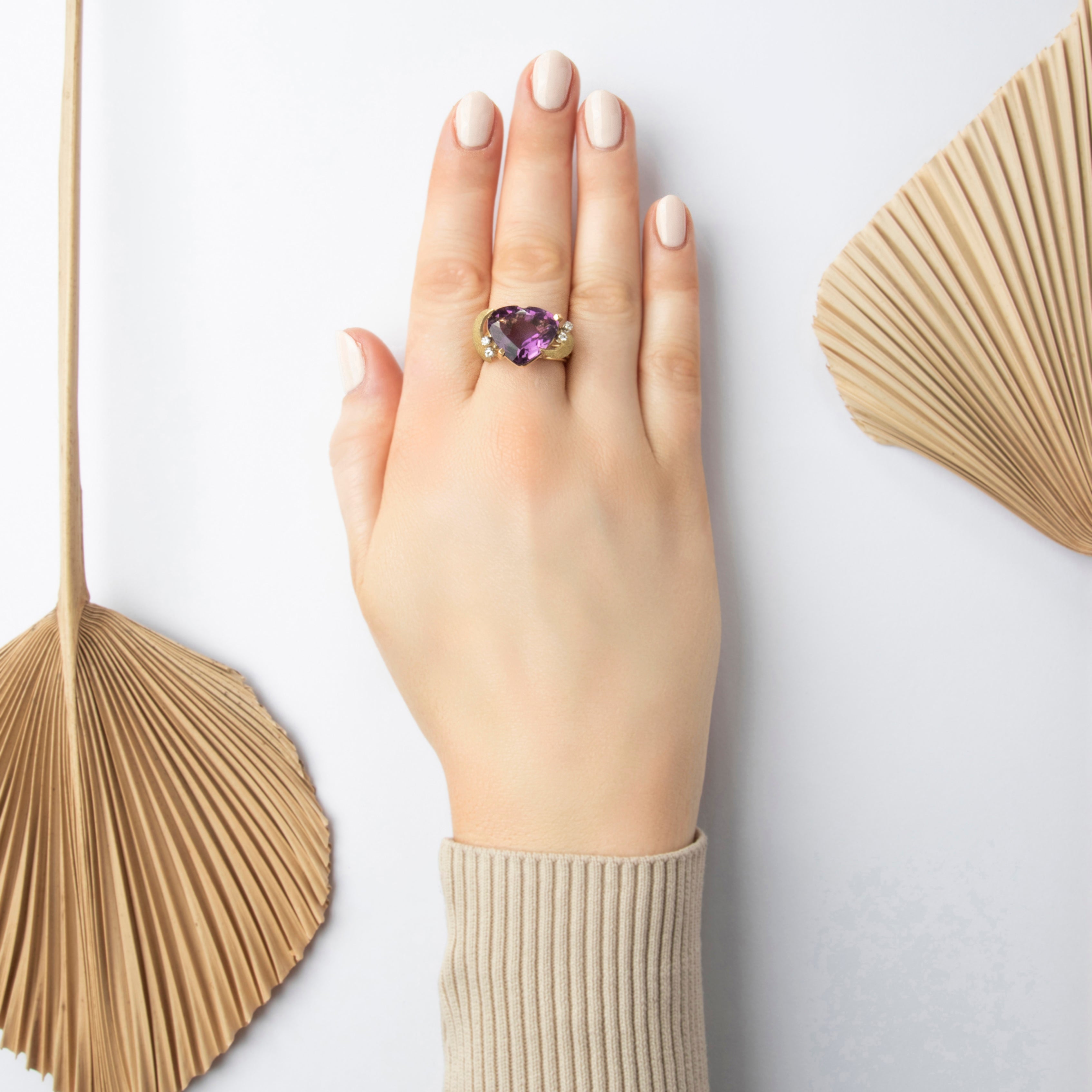 Vintage 18k Yellow Gold 8.34ct Amethyst Diamond Bold Romantic Adorned Heart Cocktail Ring - On model view