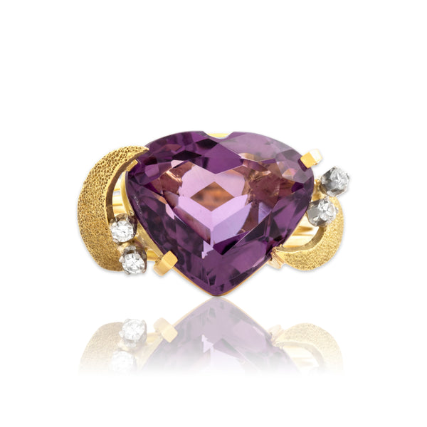 Vintage 18k Yellow Gold 8.34ct Amethyst Diamond Romantic Heart Cocktail Ring 8.25