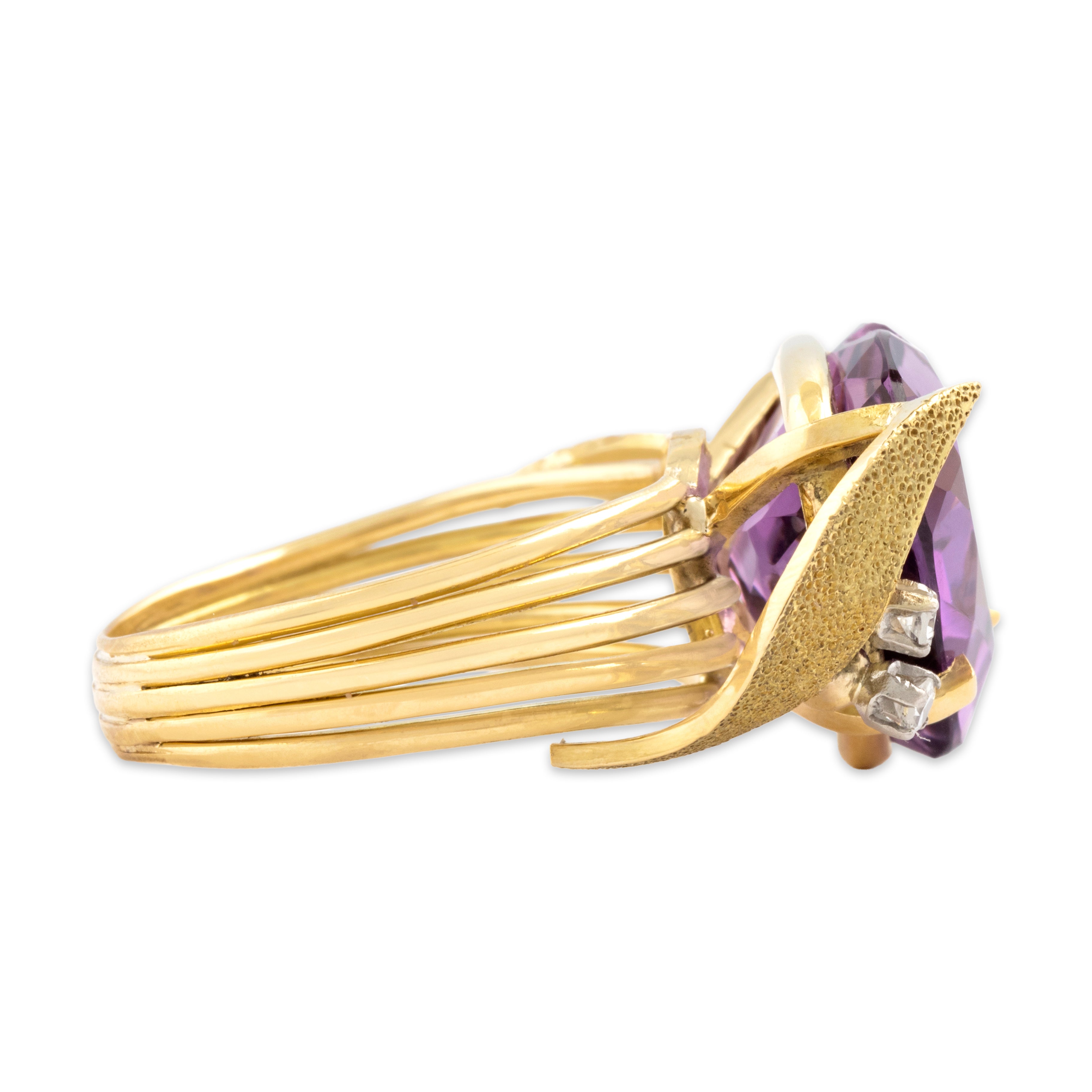 Vintage 18k Yellow Gold 8.34ct Amethyst Diamond Bold Romantic Adorned Heart Cocktail Ring - Side view
