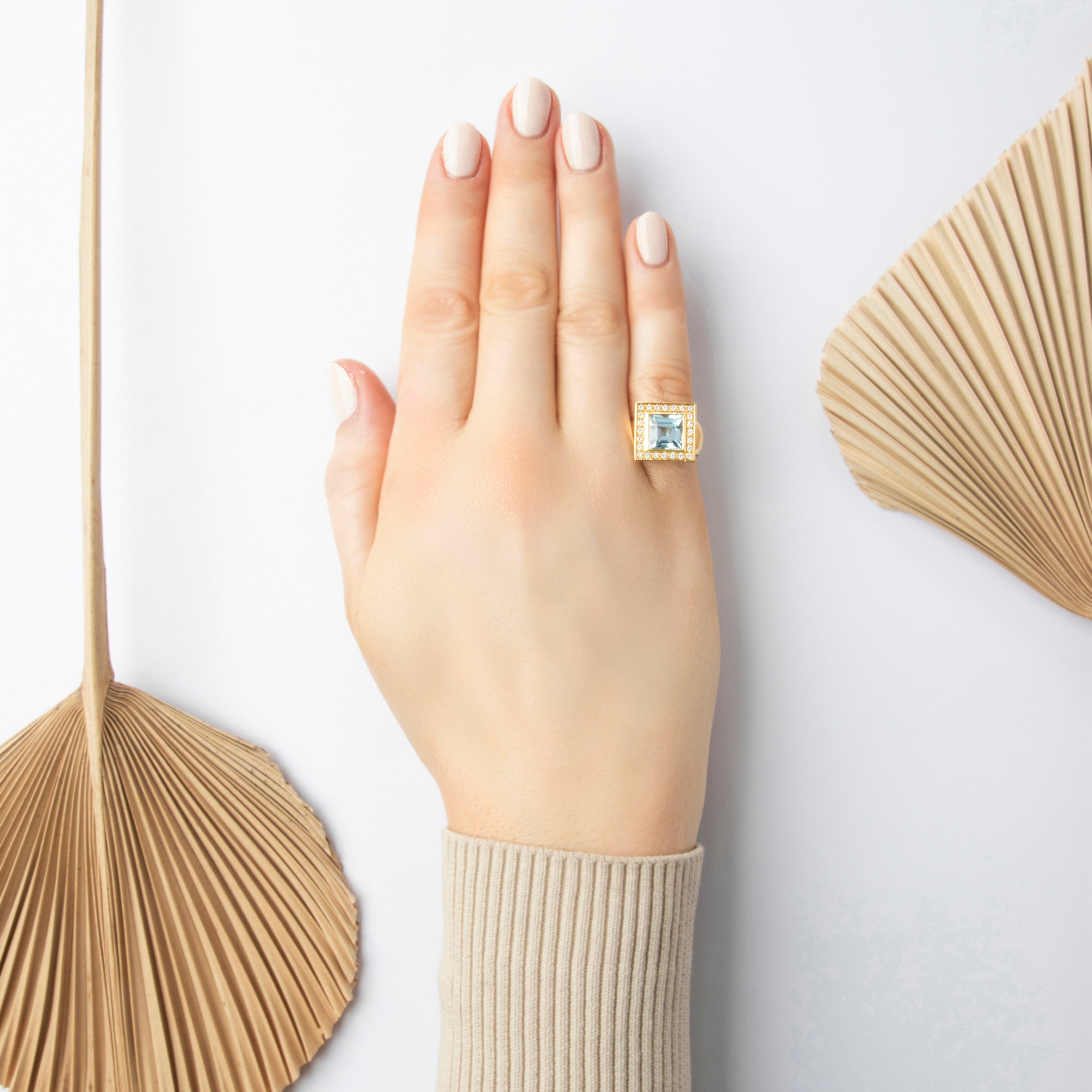 Vintage Heavy Striking 18k Yellow Gold 3.82ct Light Blue Topaz Diamond Square Halo Cocktail Ring - On model view