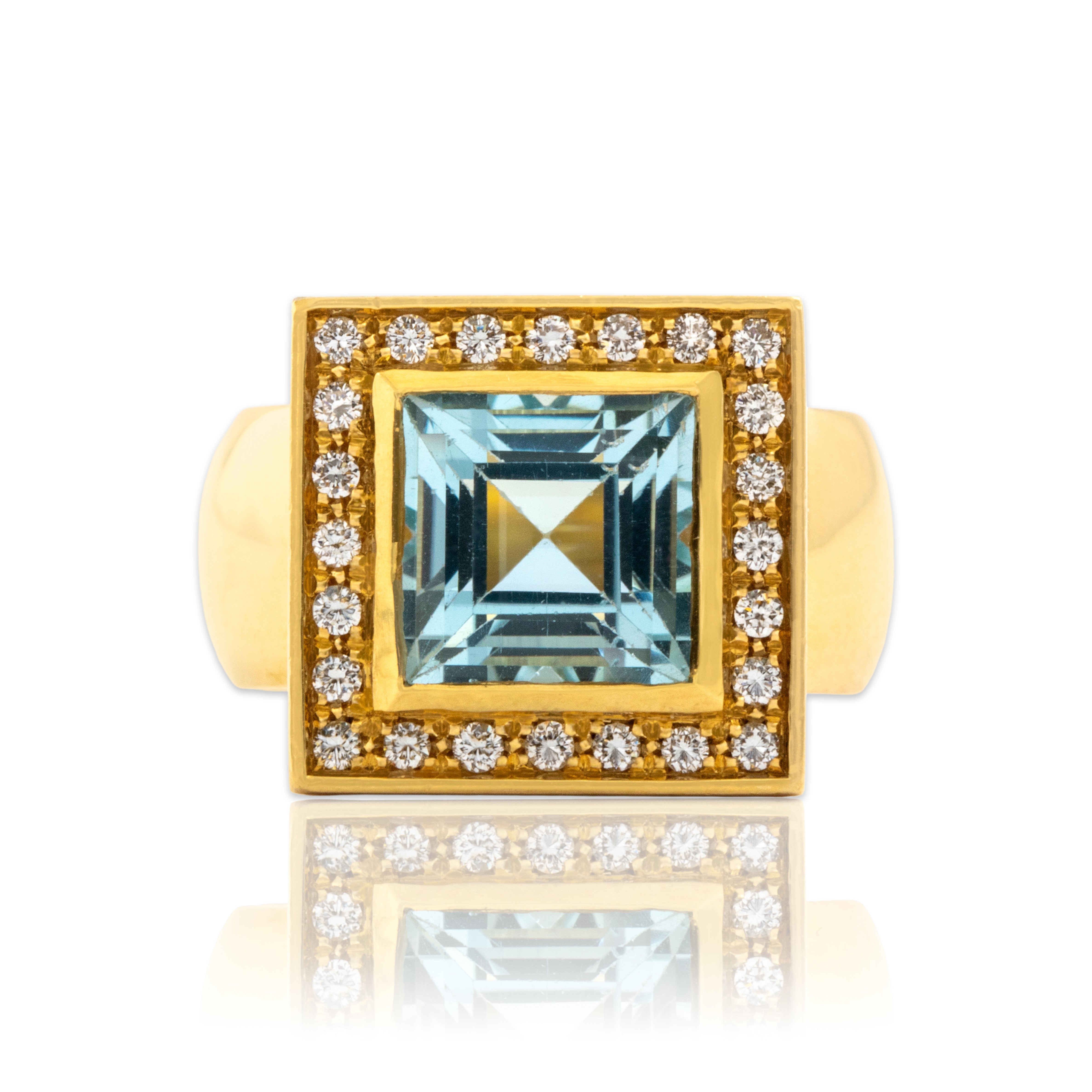 Vintage Heavy Striking 18k Yellow Gold 3.82ct Light Blue Topaz Diamond Square Halo Cocktail Ring - Close-up view