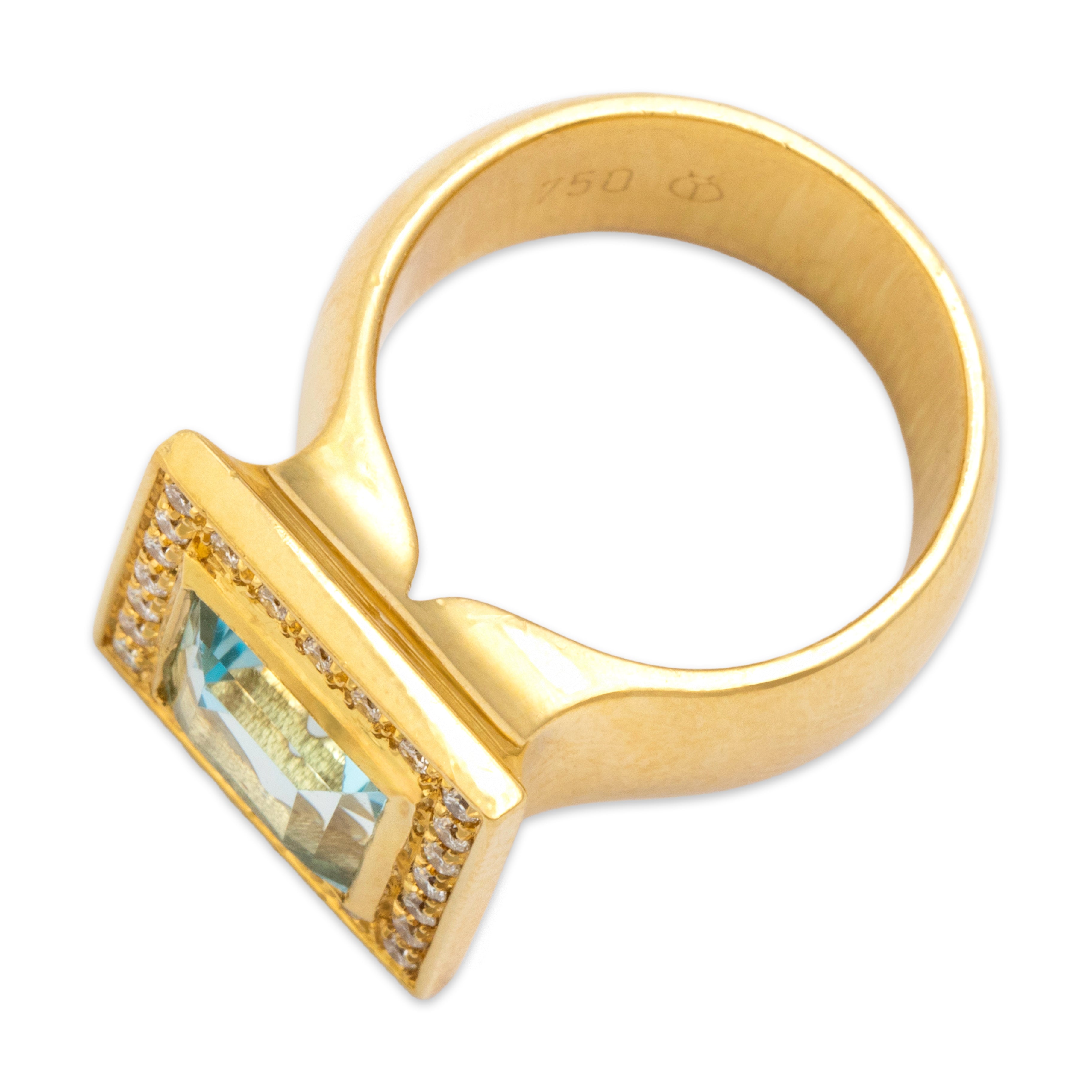 Vintage Heavy Striking 18k Yellow Gold 3.82ct Light Blue Topaz Diamond Square Halo Cocktail Ring - Overall view