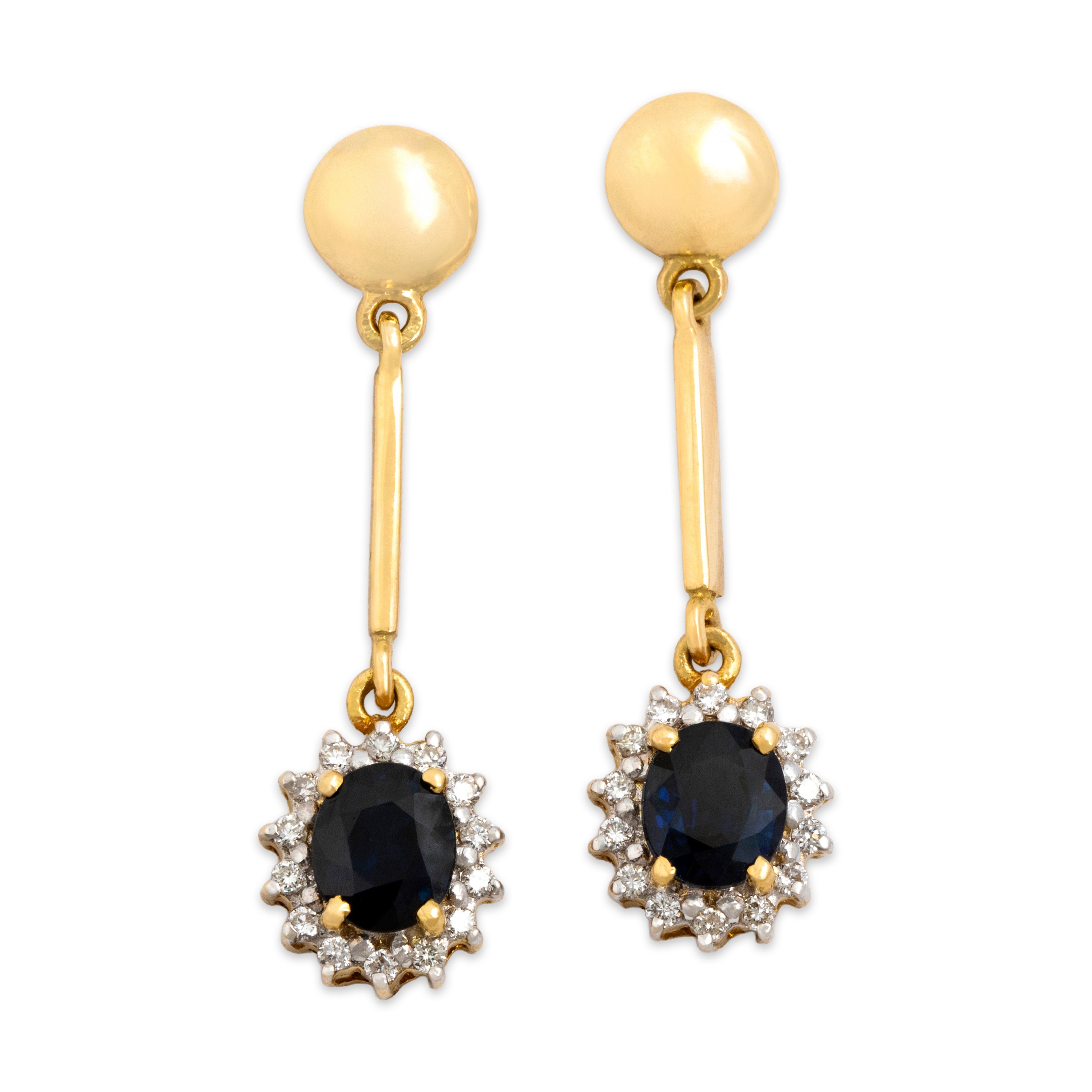 Vintage 18k Yellow Gold 1.45cttw Blue Sapphire Diamond Elegant Floriform Drop Dangle Earrings - Close-up view