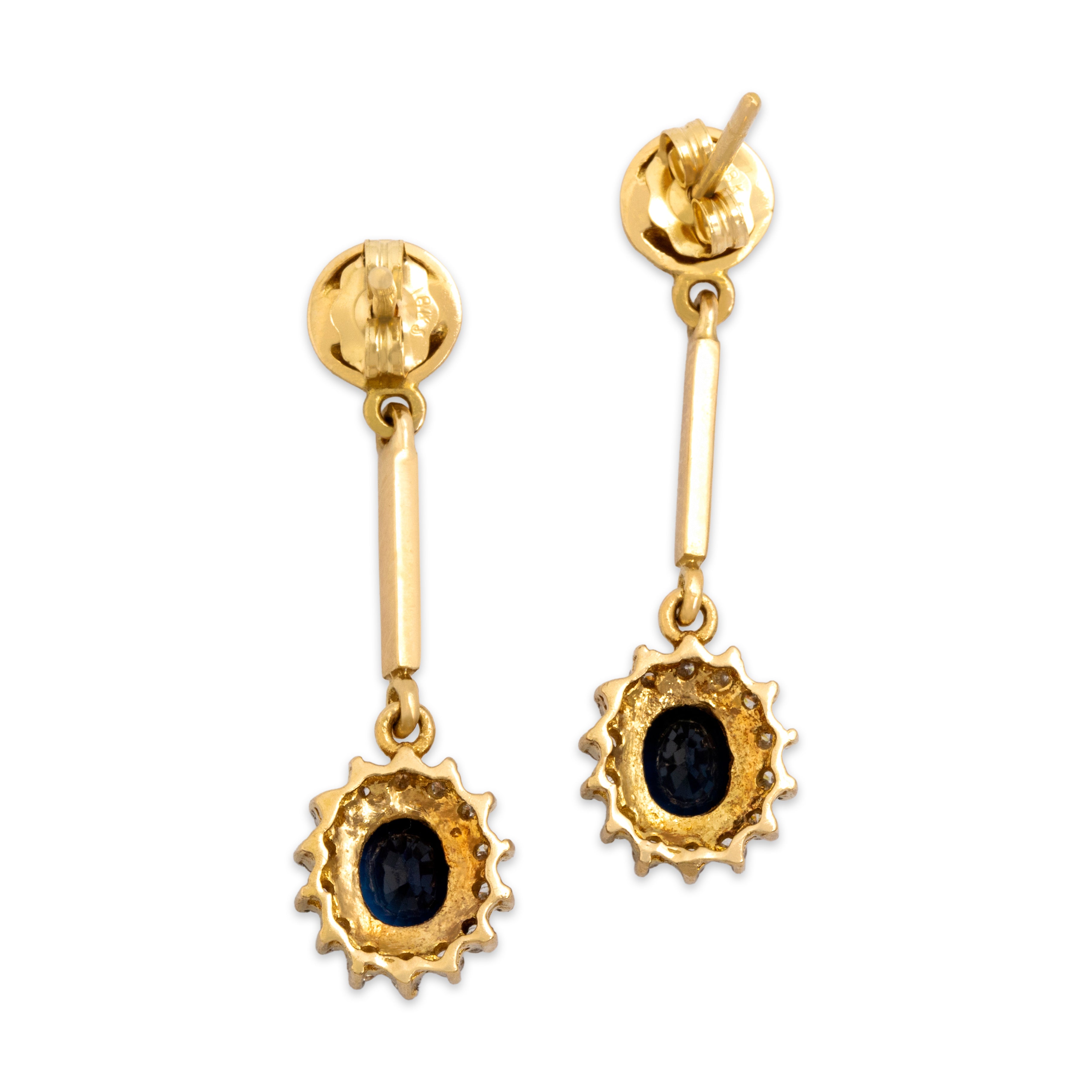 Vintage 18k Yellow Gold 1.45cttw Blue Sapphire Diamond Elegant Floriform Drop Dangle Earrings - Back view