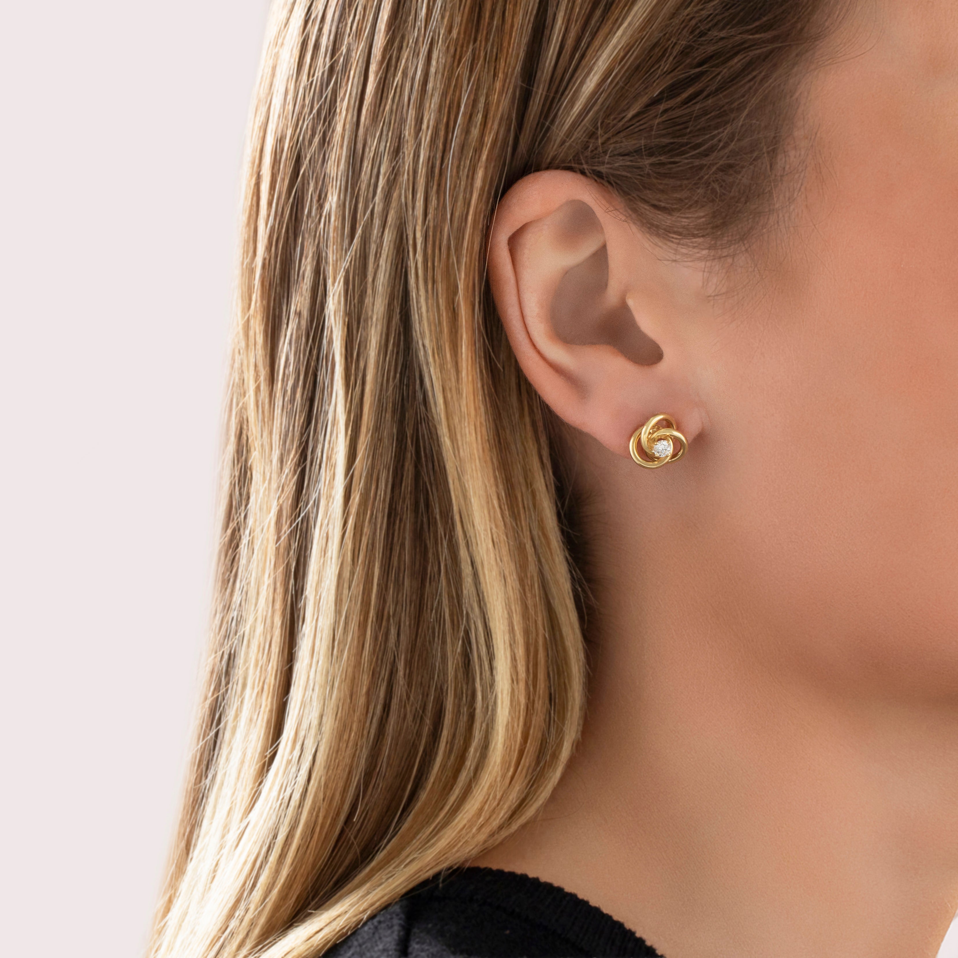 Vintage 18k Yellow Gold Diamond Romantic Love Knot Stud Earrings - On model view