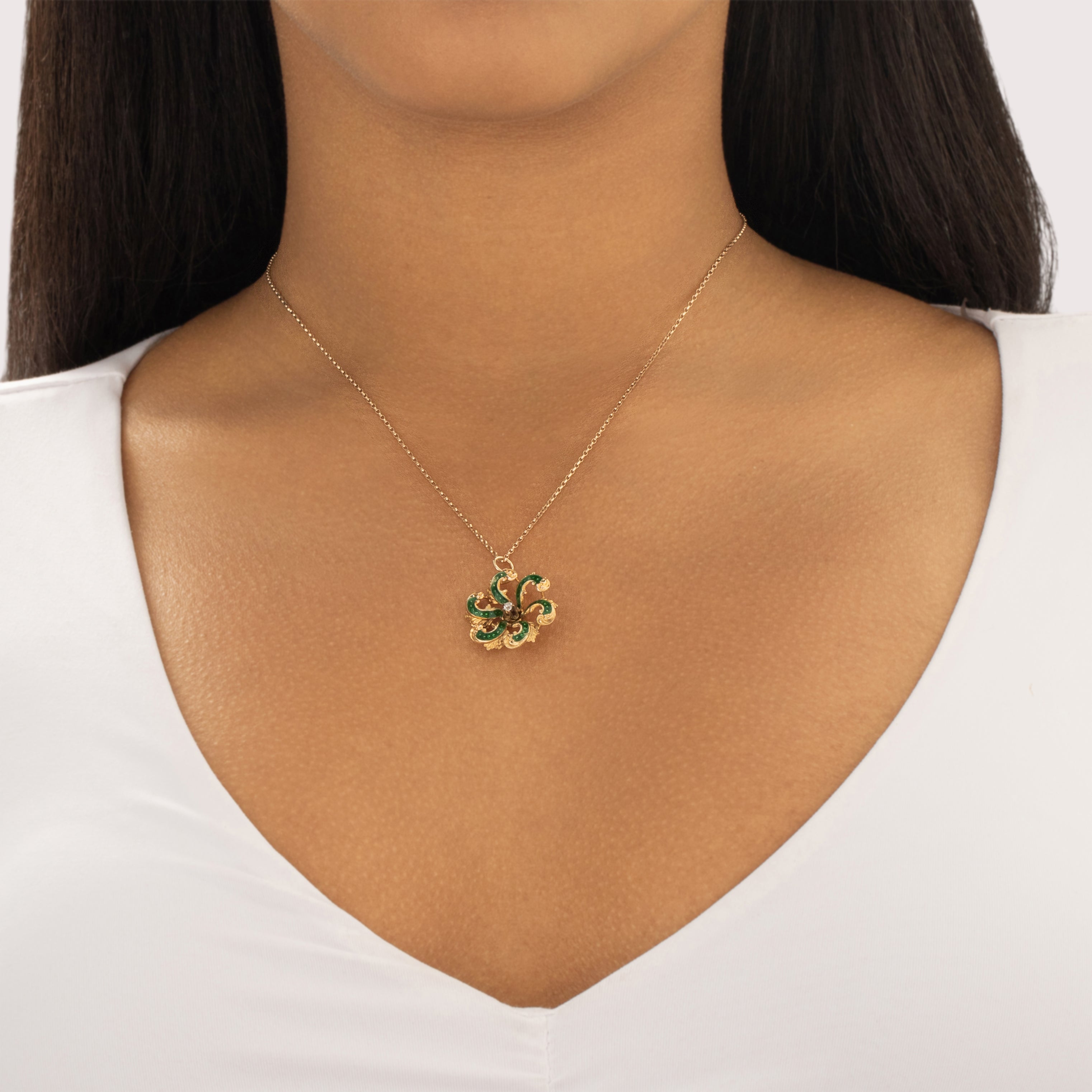 Antique 10k Yellow Gold Old Mine Cut Diamond Green Enamel Floral Pinwheel Charm / Pendant - On model view