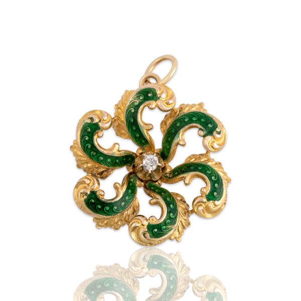 Antique 10k Yellow Gold Old Mine Cut Diamond Green Enamel Pinwheel Charm / Pendant