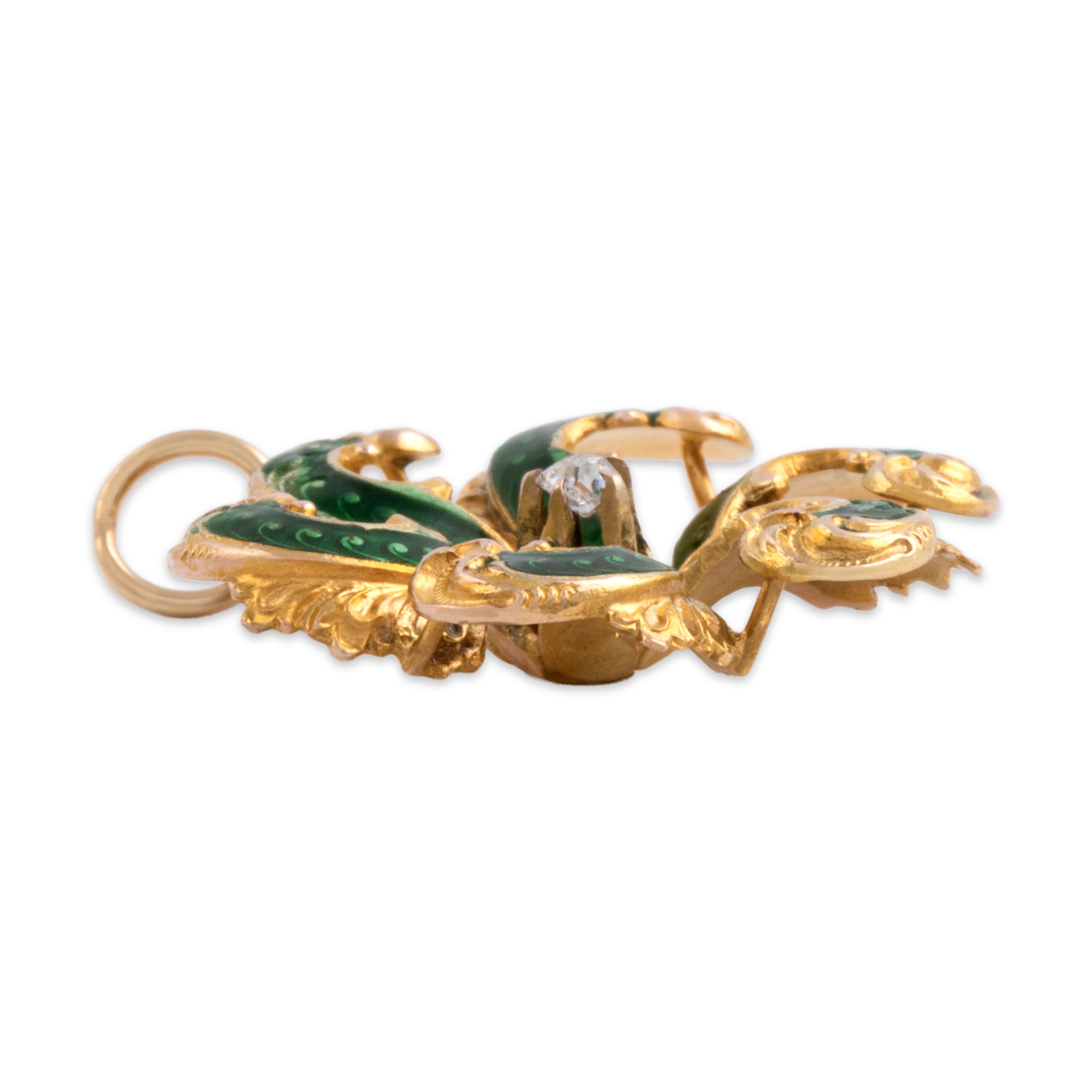 Antique 10k Yellow Gold Old Mine Cut Diamond Green Enamel Floral Pinwheel Charm / Pendant - Side view
