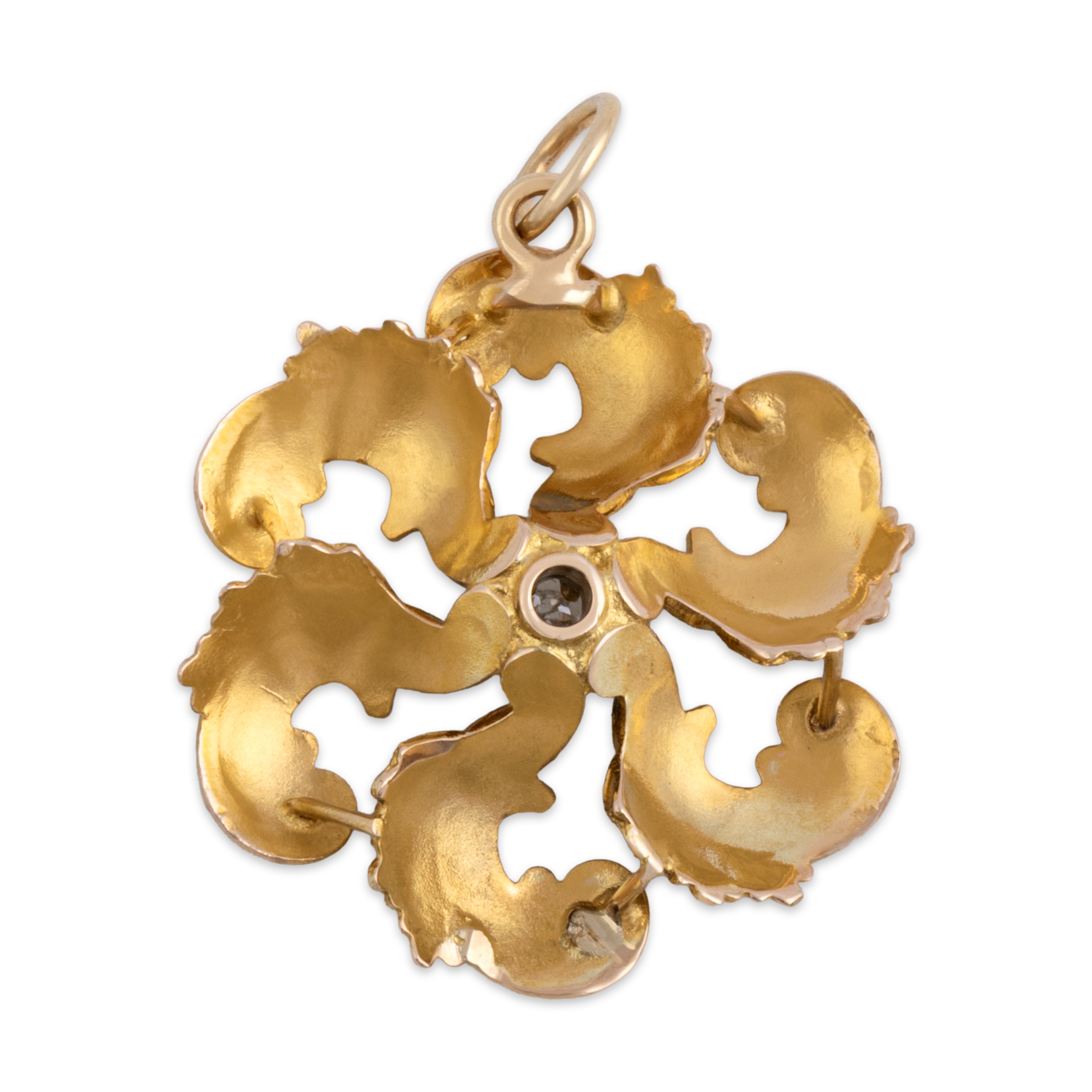 Antique 10k Yellow Gold Old Mine Cut Diamond Green Enamel Floral Pinwheel Charm / Pendant - Back view