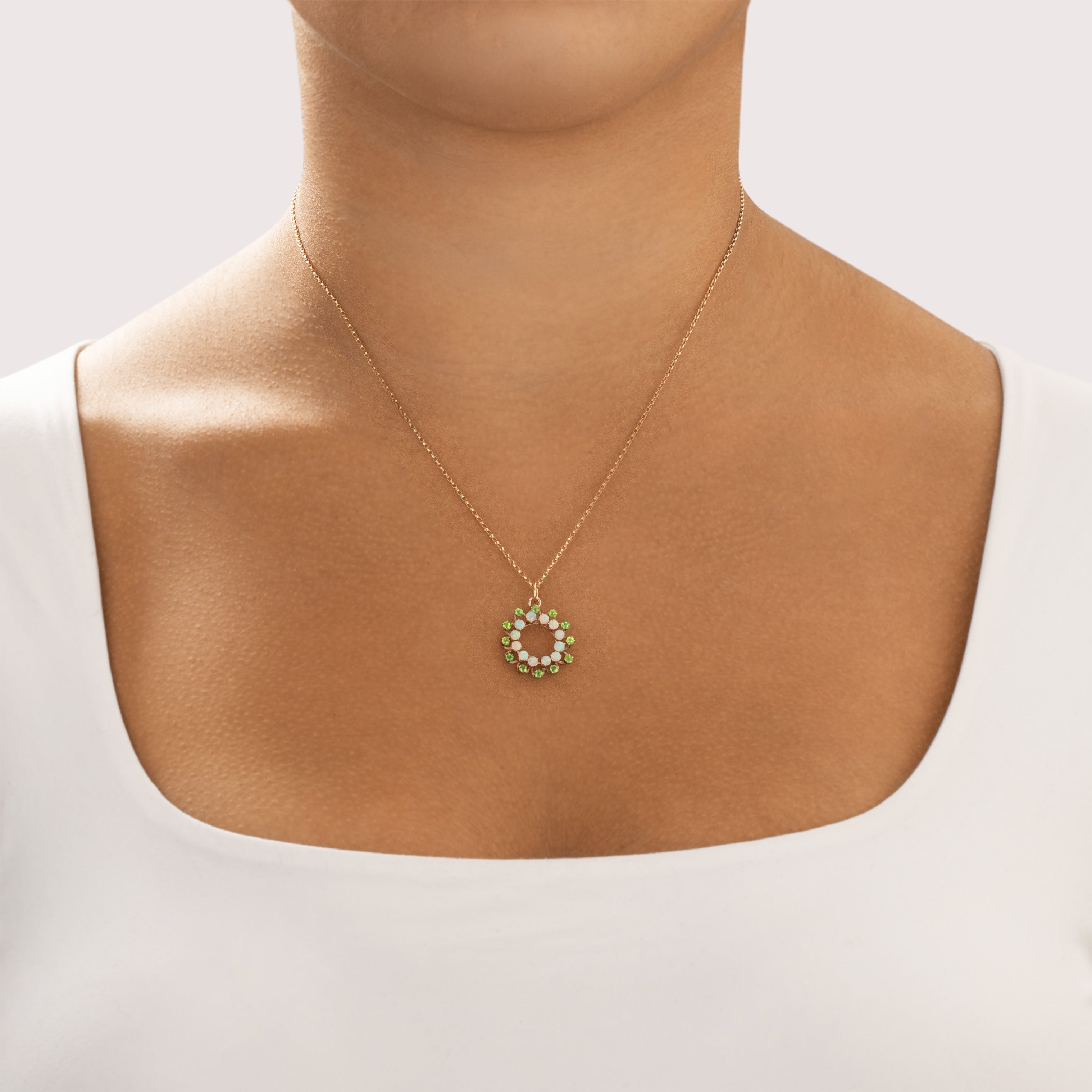 Antique 10k Rosy Yellow Gold .65cttw Opal Lime Green Glass Bright Shimmering Haloed Wreath Charm / Pendant - On model view