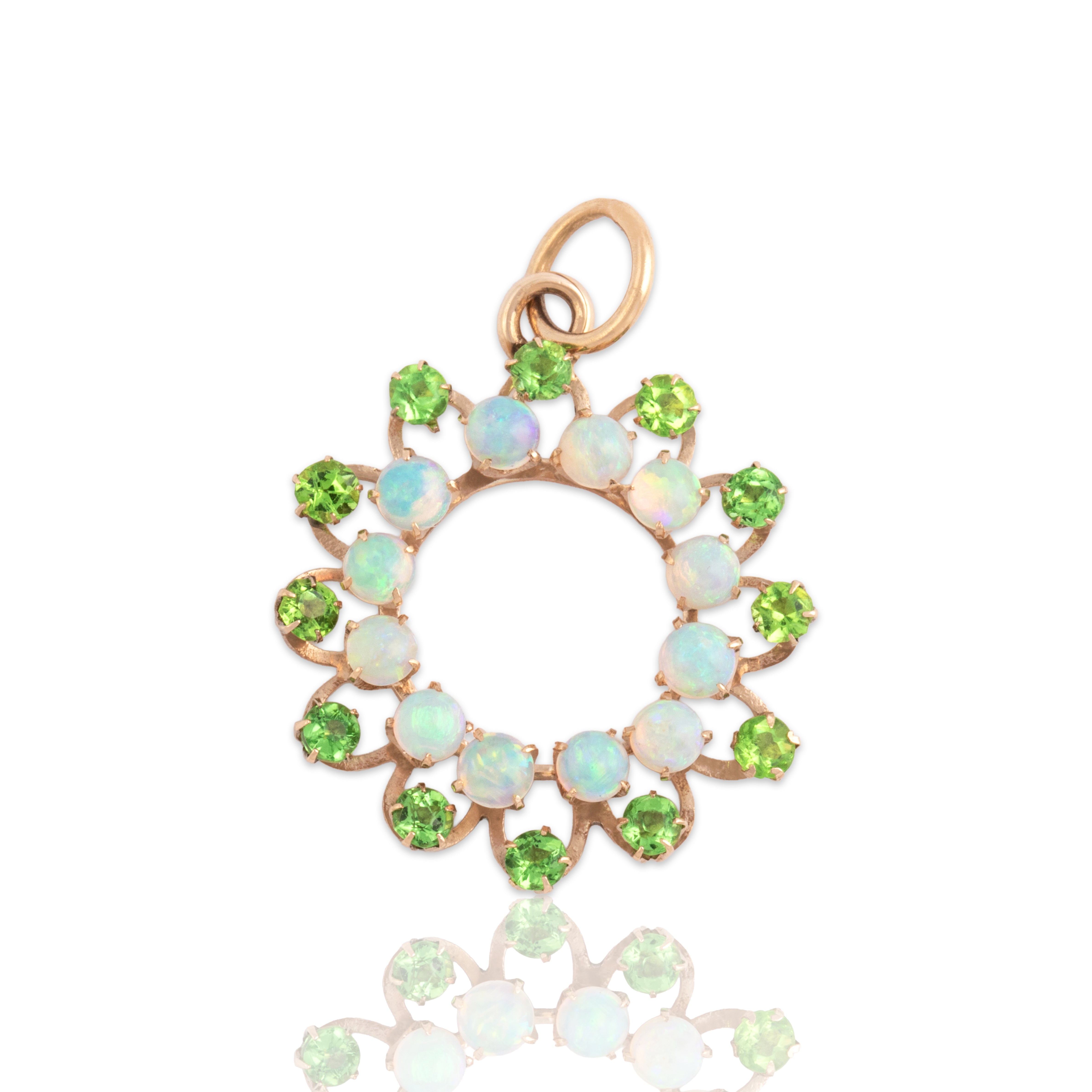 Antique 10k Rosy Yellow Gold .65cttw Opal Lime Green Glass Bright Shimmering Haloed Wreath Charm / Pendant - Close-up view