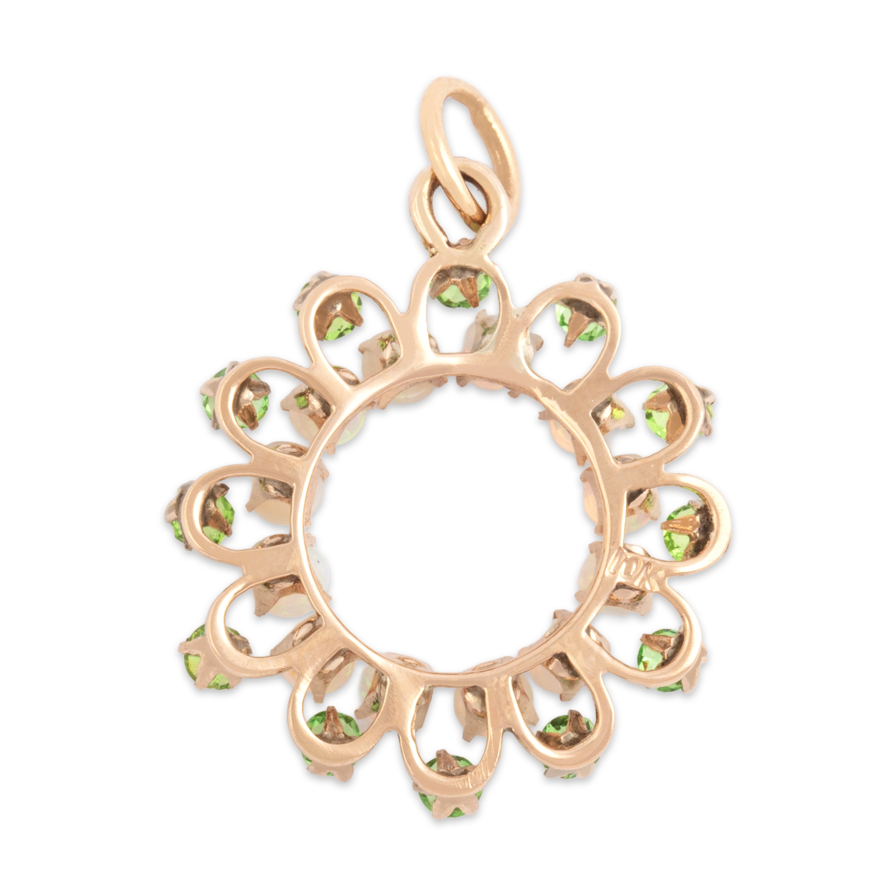 Antique 10k Rosy Yellow Gold .65cttw Opal Lime Green Glass Bright Shimmering Haloed Wreath Charm / Pendant - Back view
