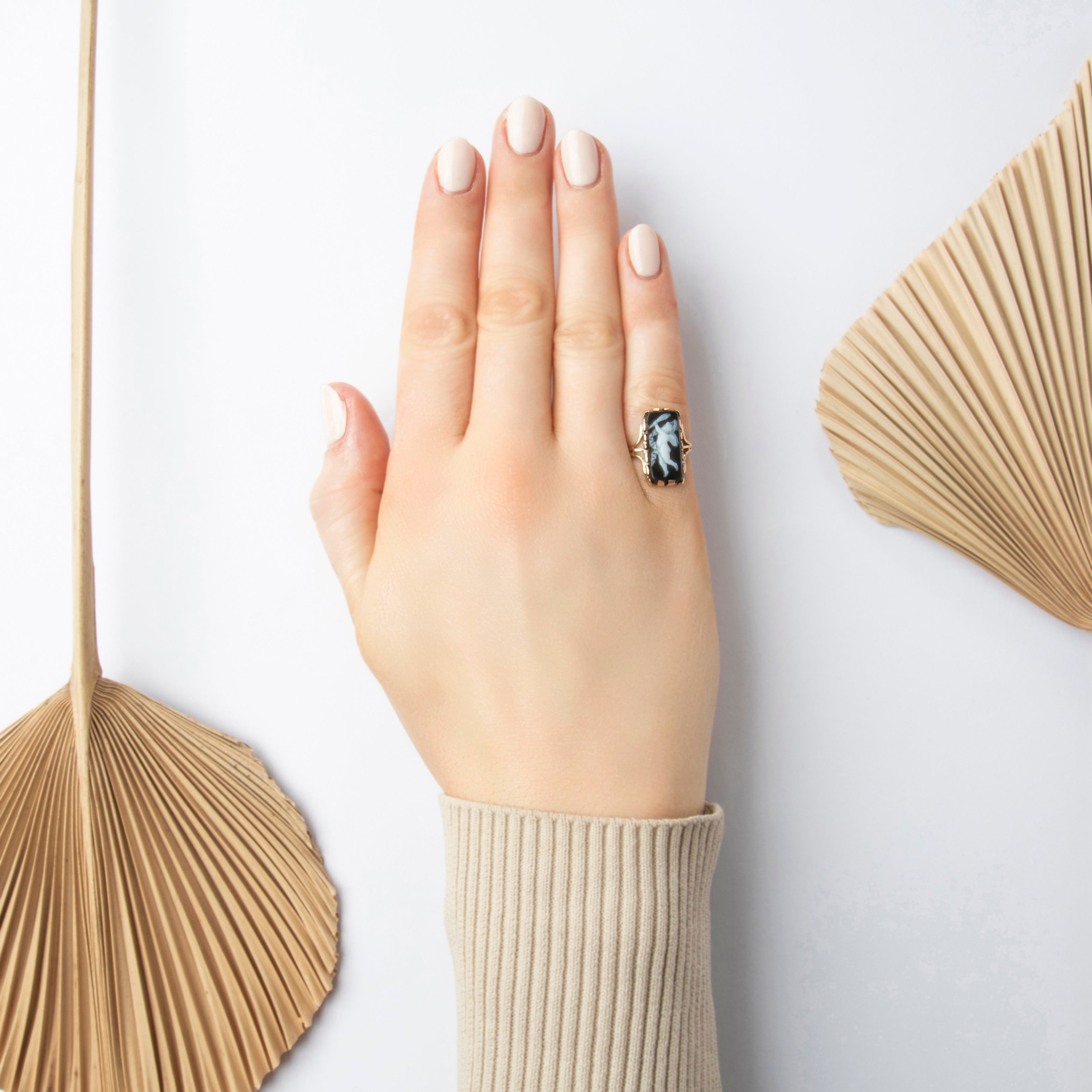 Antique Victorian 10k Rosy Yellow Gold Onyx Torch-Bearing Cherub Cameo Ring - On model view