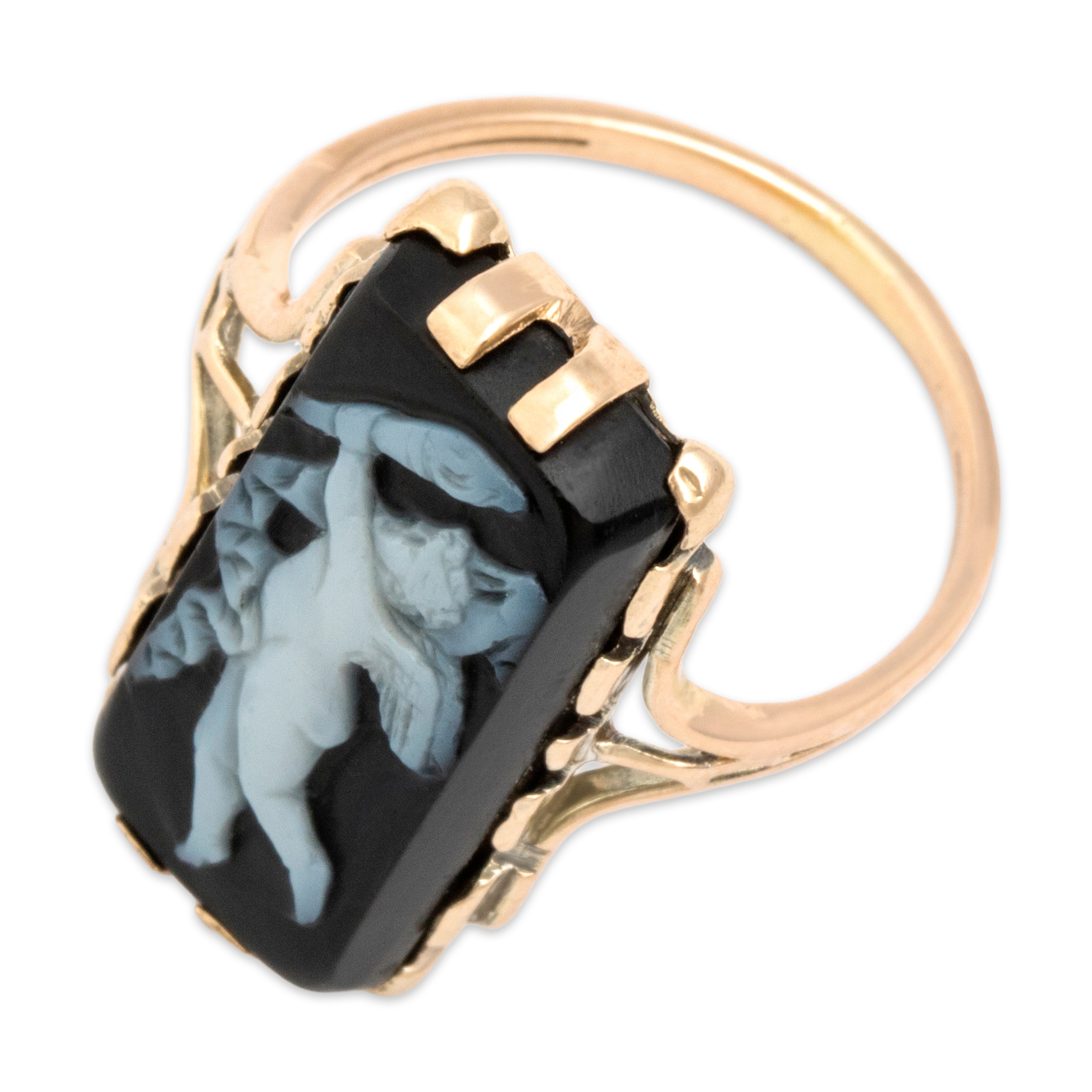 Antique Victorian 10k Rosy Yellow Gold Onyx Torch-Bearing Cherub Cameo Ring - Overall view
