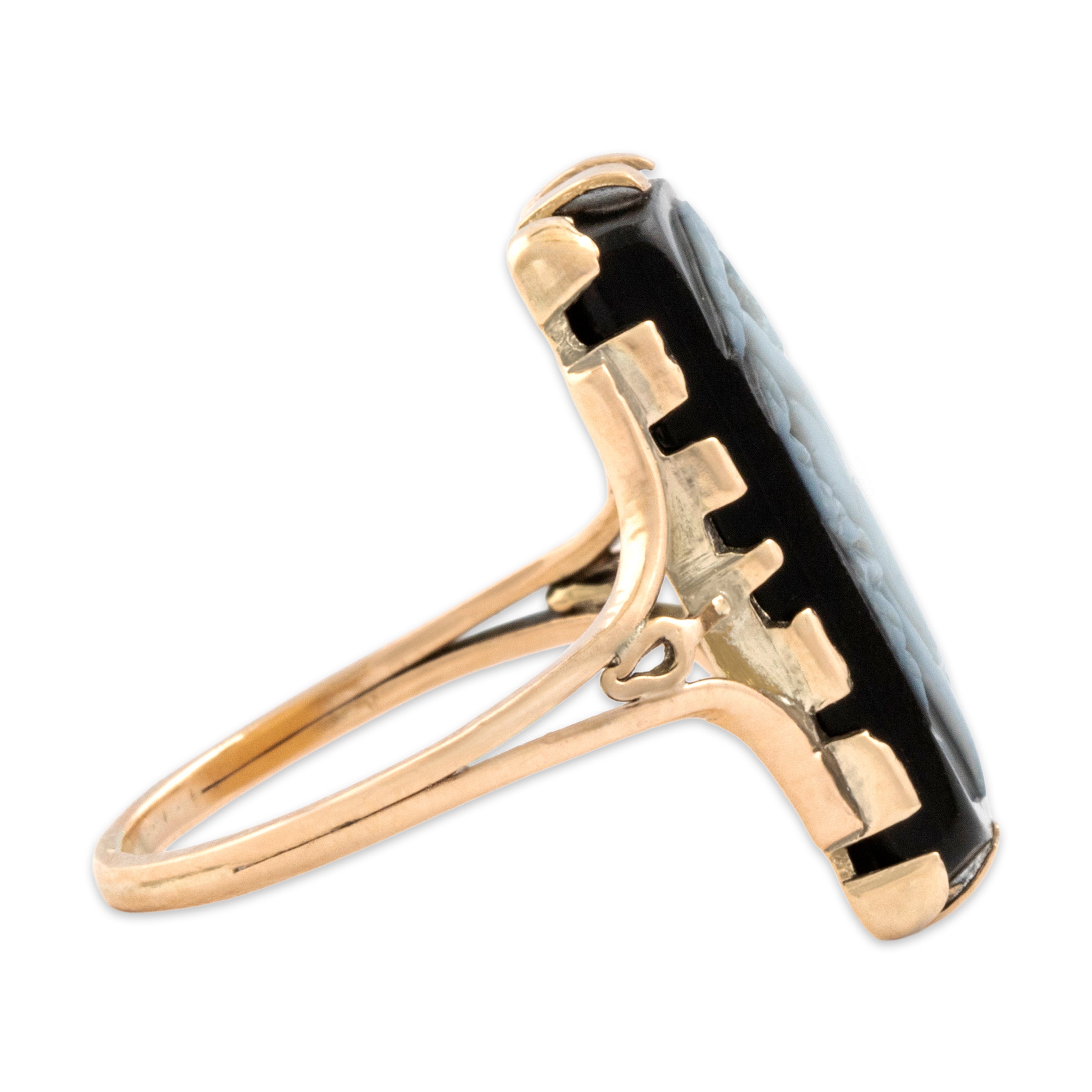 Antique Victorian 10k Rosy Yellow Gold Onyx Torch-Bearing Cherub Cameo Ring - Side view