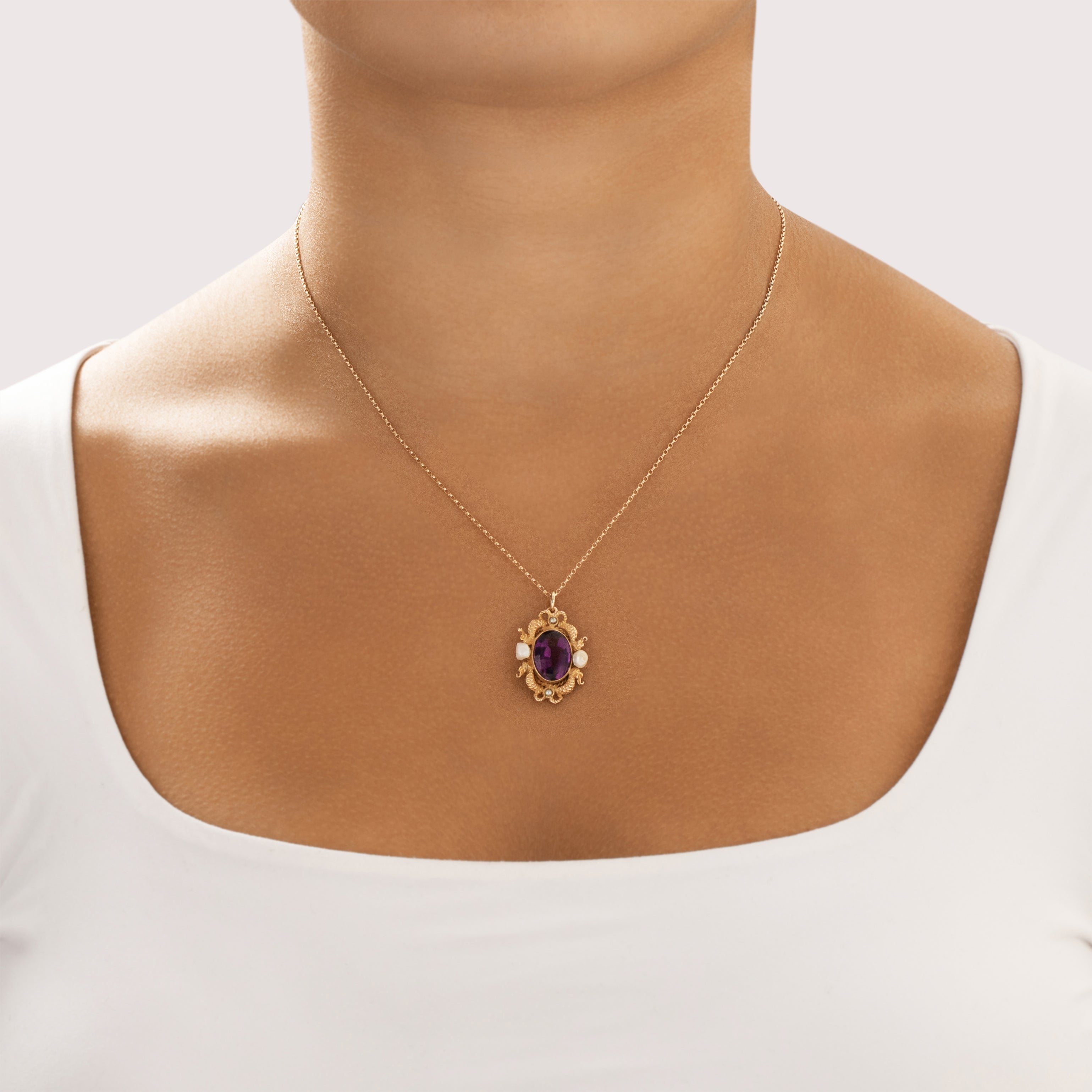 Antique Victorian 10k Yellow Gold Purple Glass Pearl Whimsical Dragon Pendant