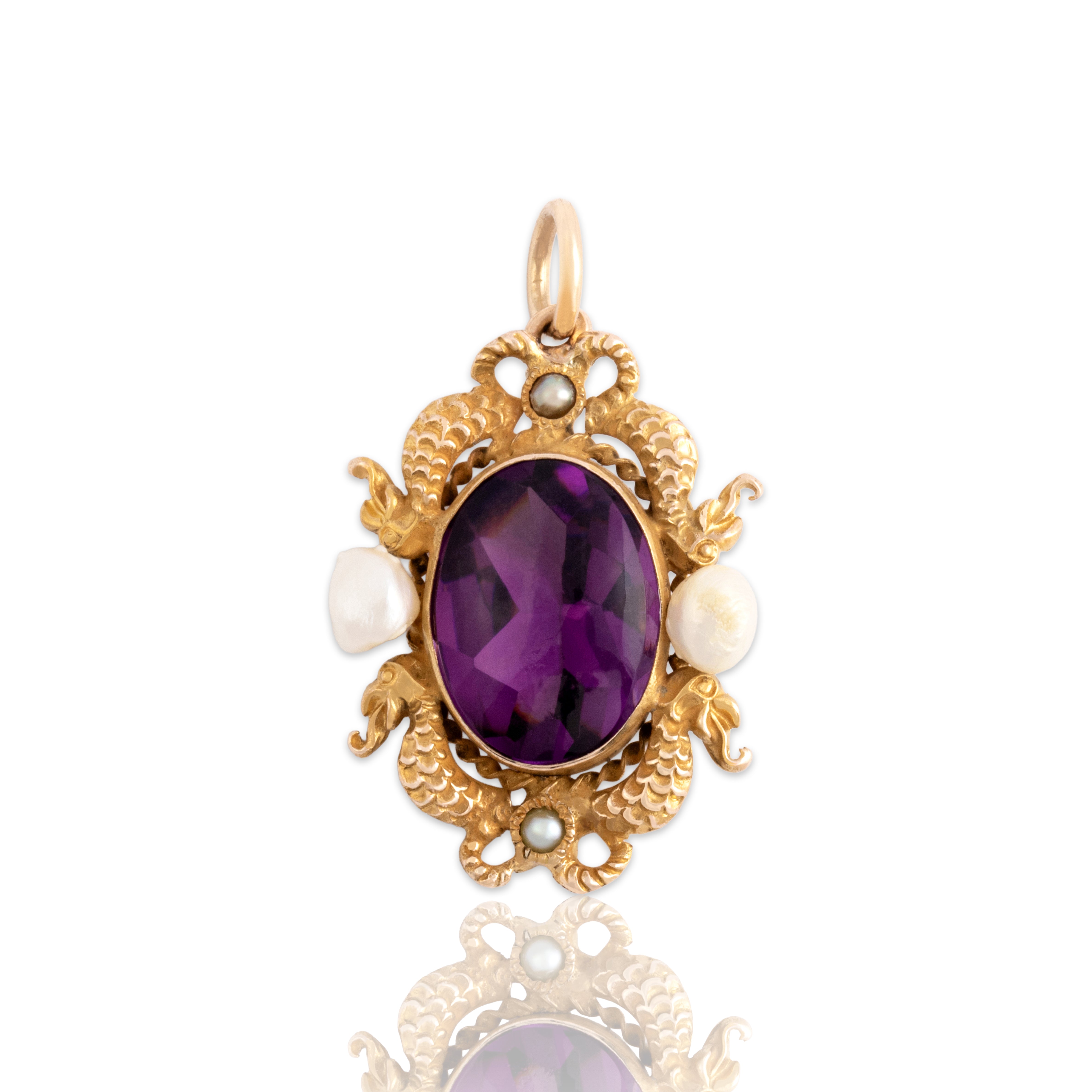 Antique Victorian 10k Yellow Gold Purple Glass Pearl Whimsical Roaring Dragon Framed Pendant - Close-up view