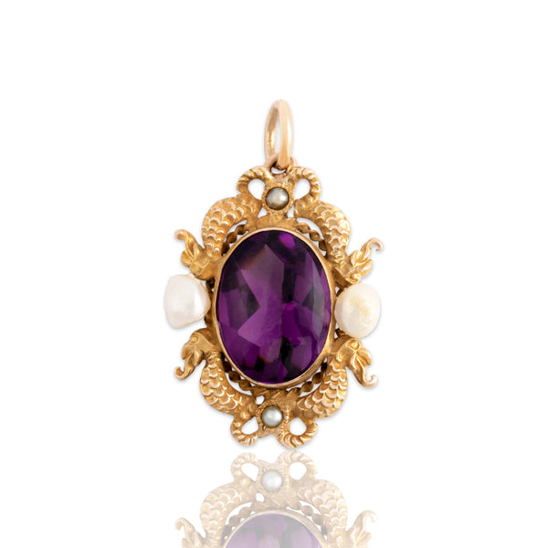 Antique Victorian 10k Yellow Gold Purple Glass Pearl Whimsical Dragon Pendant