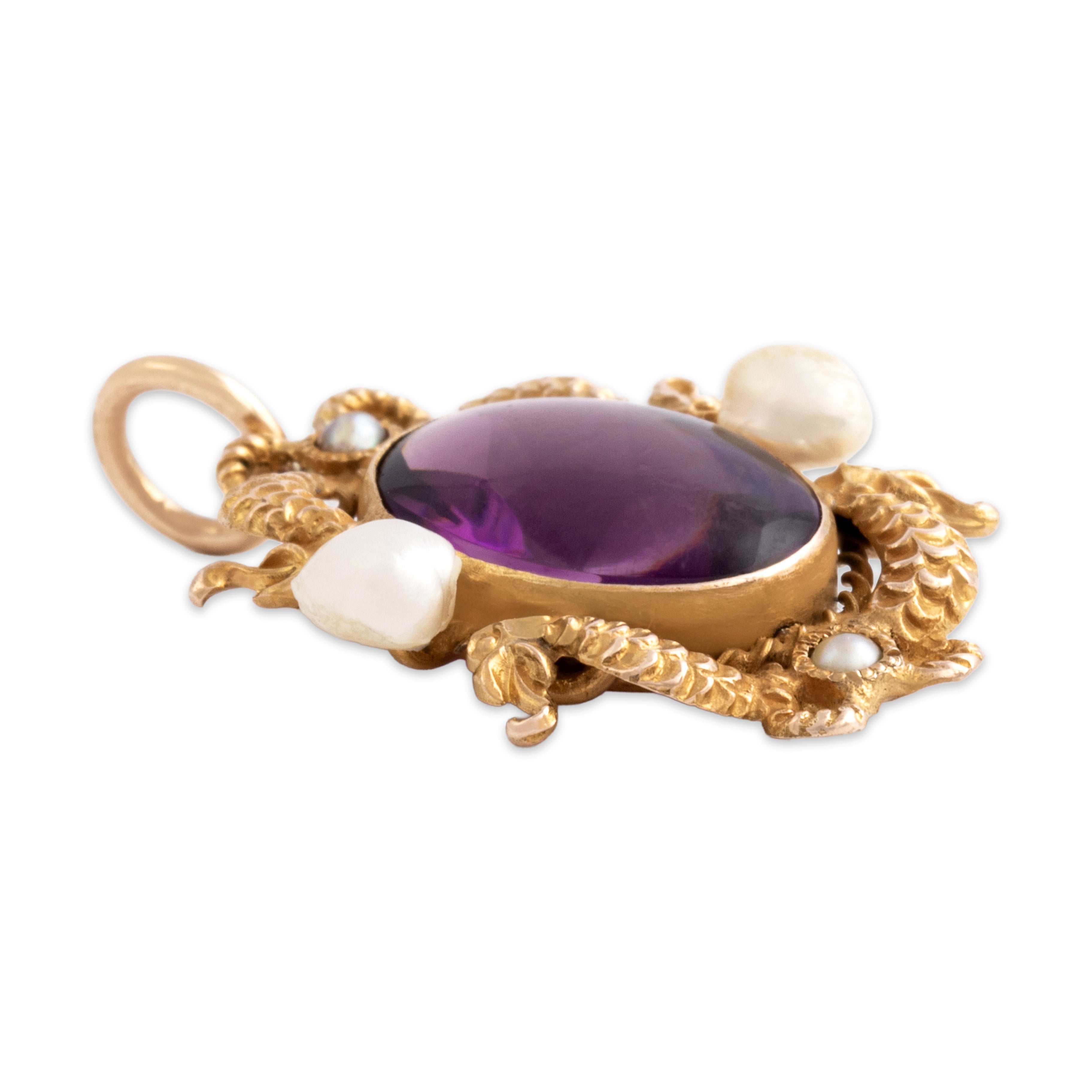 Antique Victorian 10k Yellow Gold Purple Glass Pearl Whimsical Roaring Dragon Framed Pendant - Side view