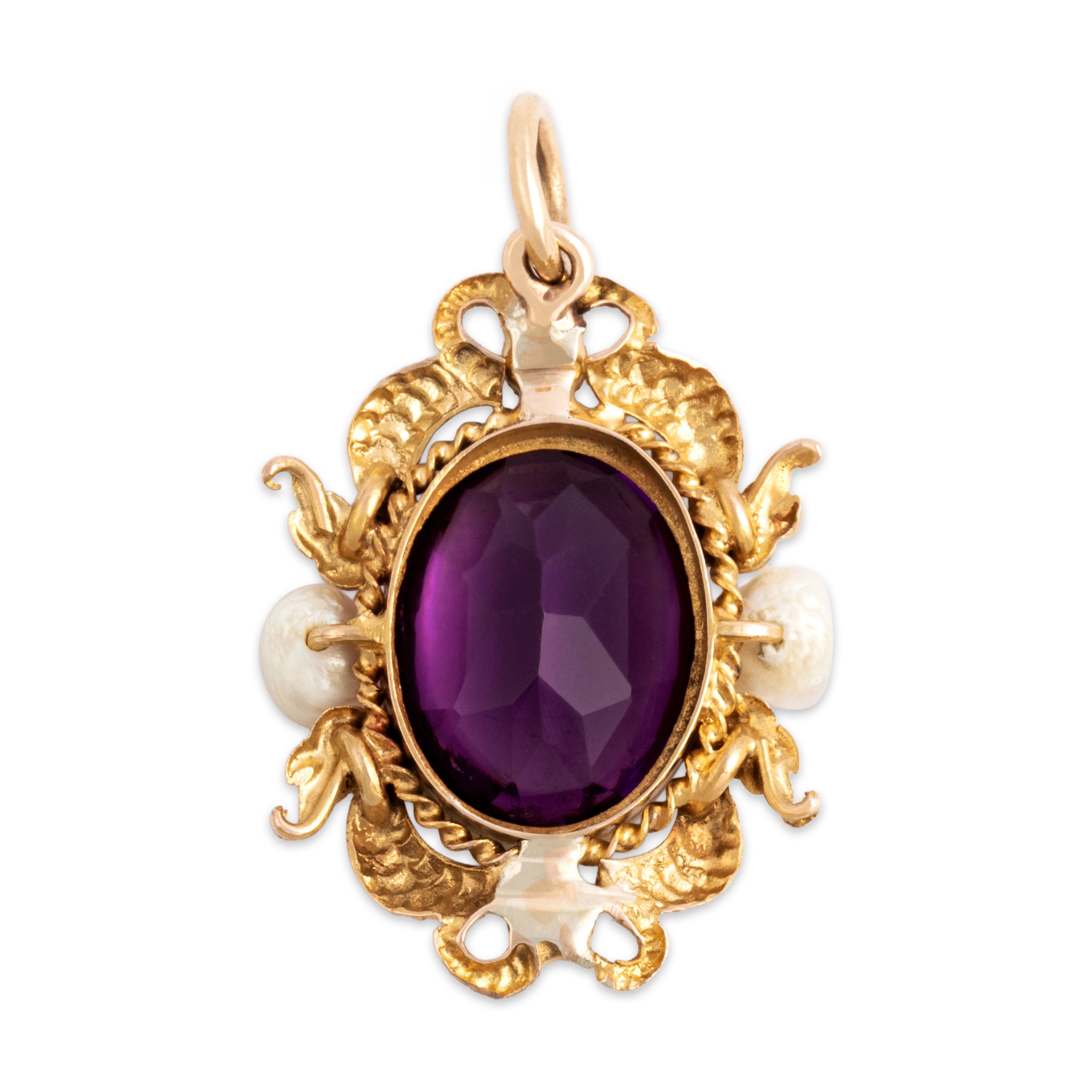 Antique Victorian 10k Yellow Gold Purple Glass Pearl Whimsical Roaring Dragon Framed Pendant - Back view