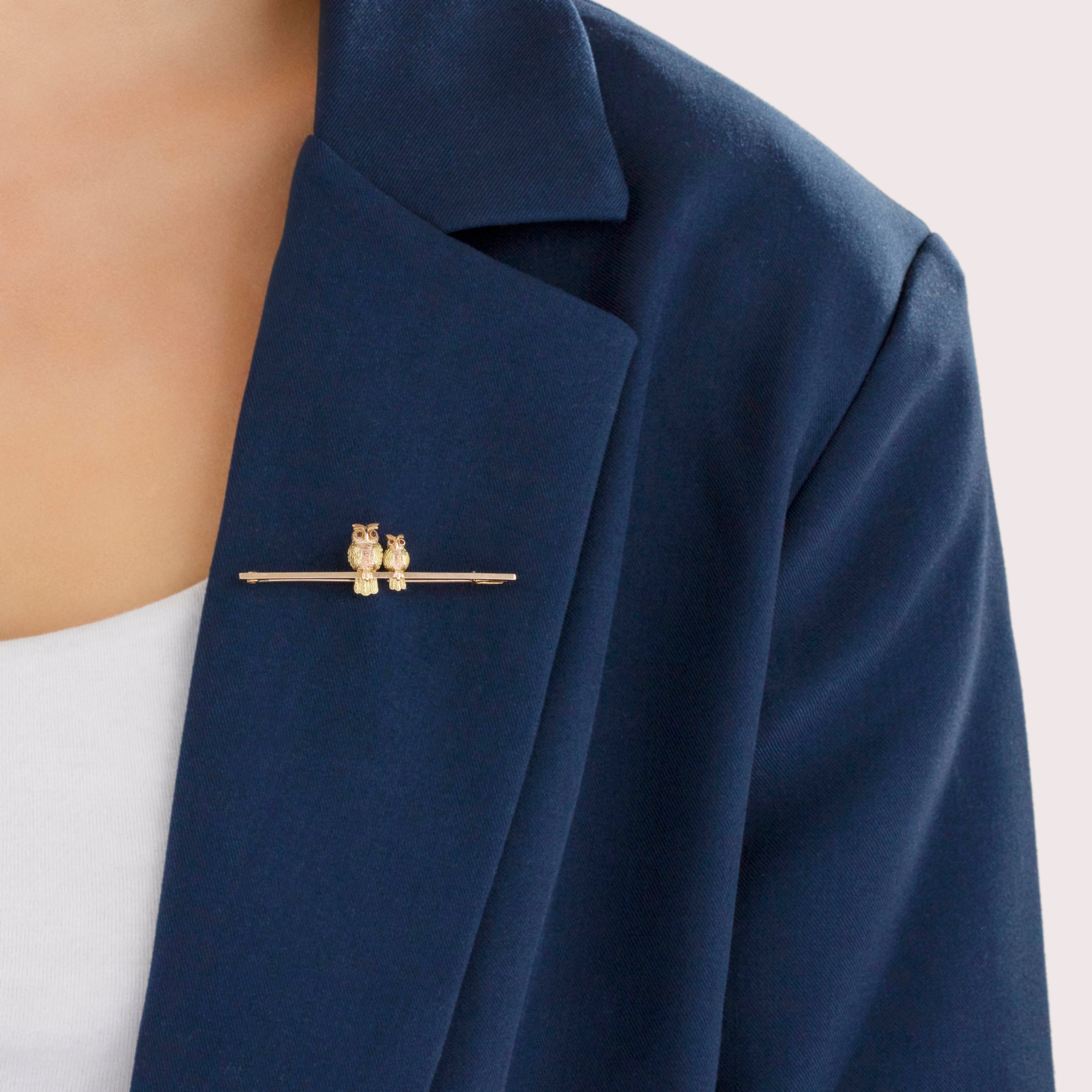 Antique 10k Rose & Yellow Gold Pink Glass Spectacular Wise Owls Brooch / Pin - On model view