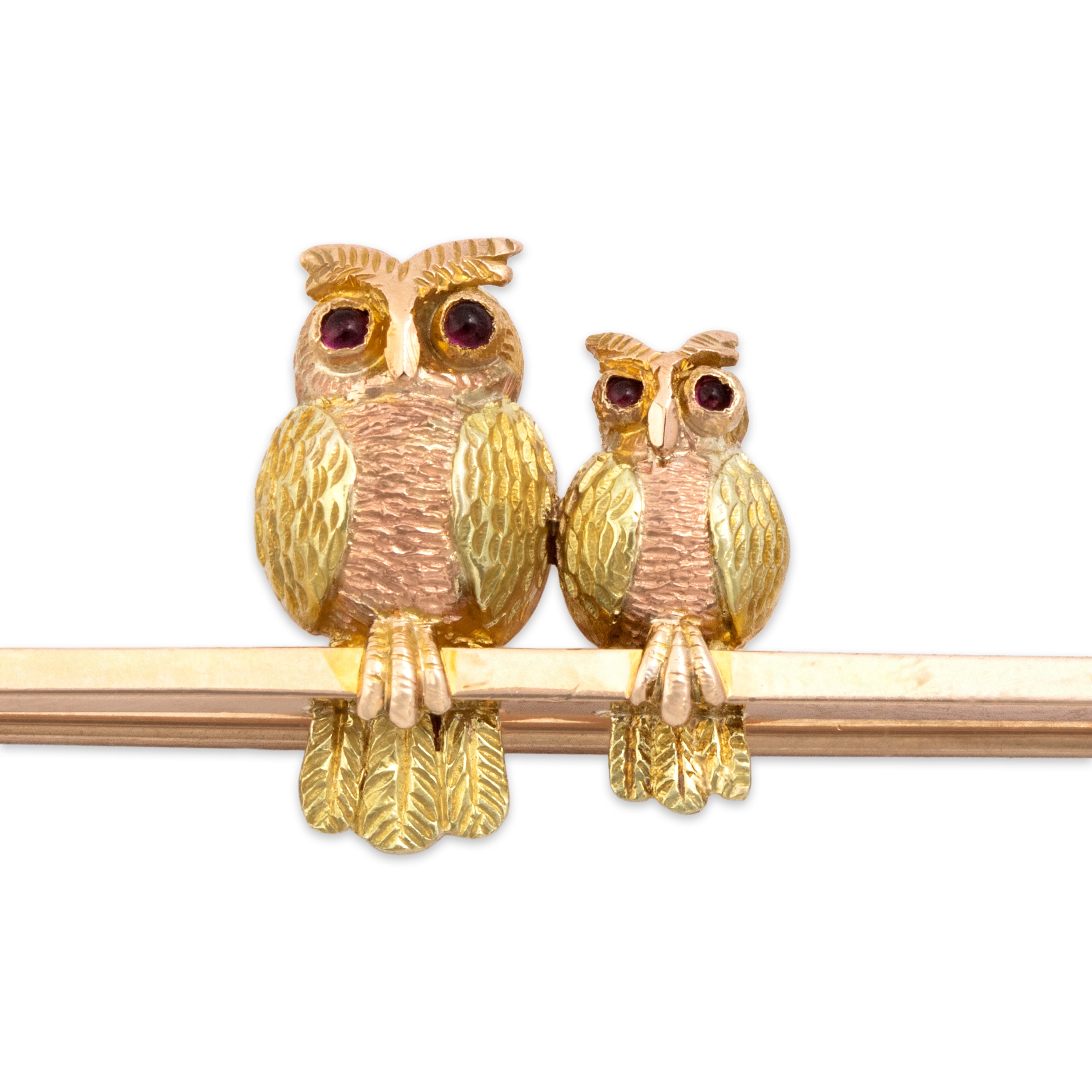 Antique 10k Rose & Yellow Gold Pink Glass Spectacular Wise Owls Brooch / Pin - detail view #1