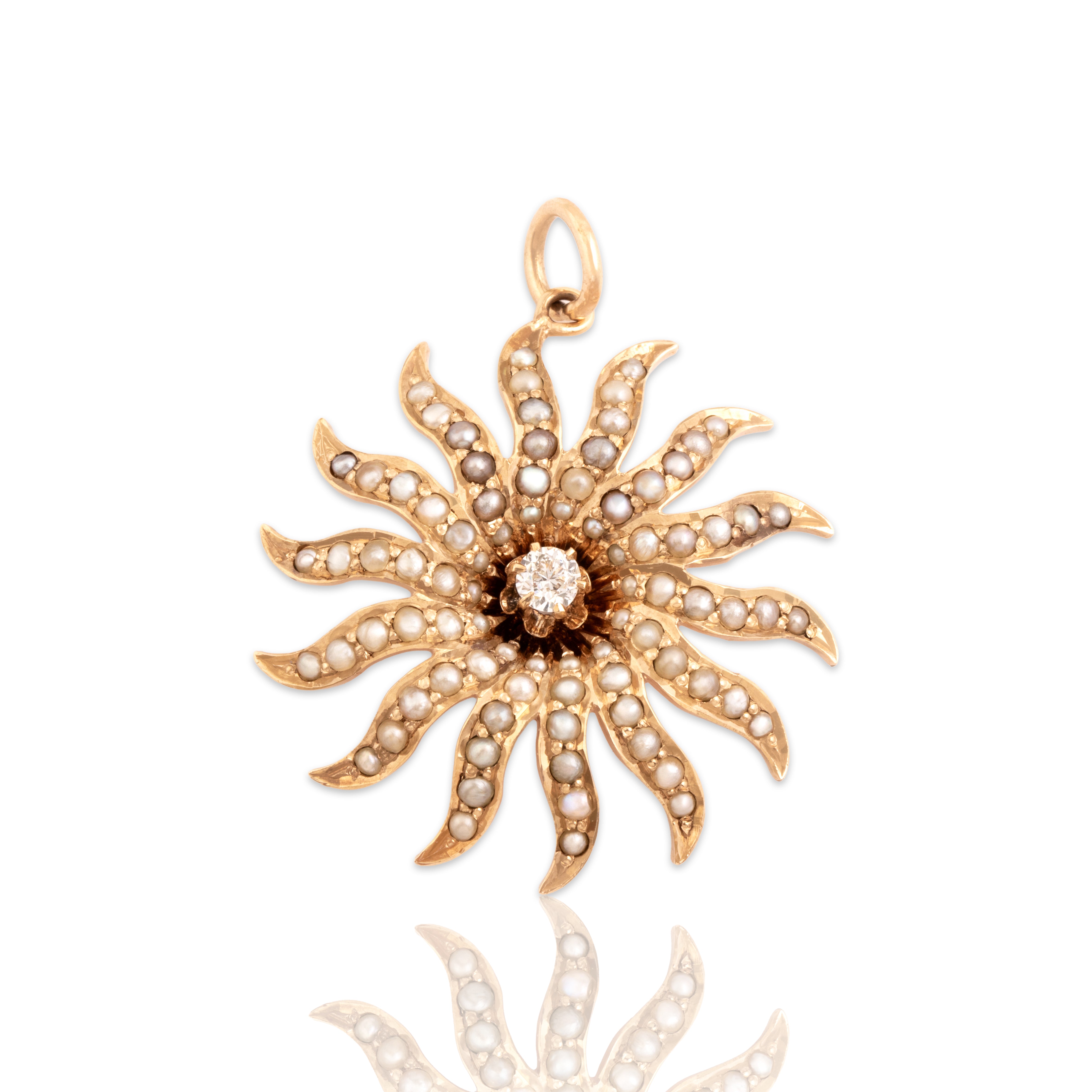 Antique 10k Rosy Yellow Gold Old European Cut Diamond Seed Pearl Glowing Swirling Sun Pendant - Close-up view