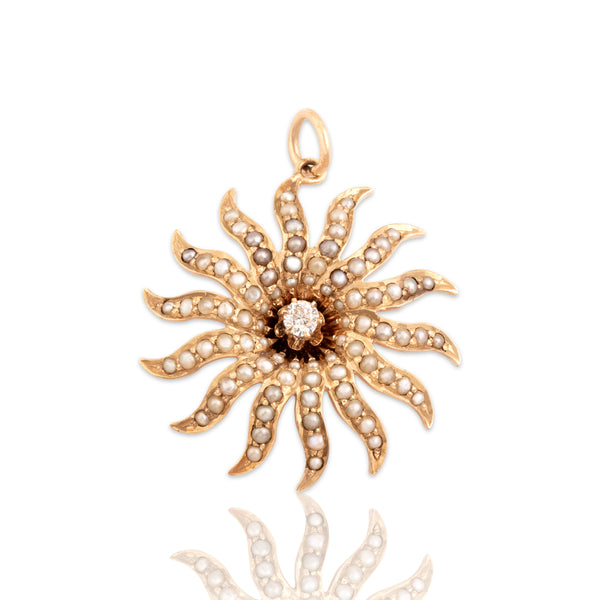 Antique 10k Rosy Yellow Gold Old European Cut Diamond Seed Pearl Sun Pendant