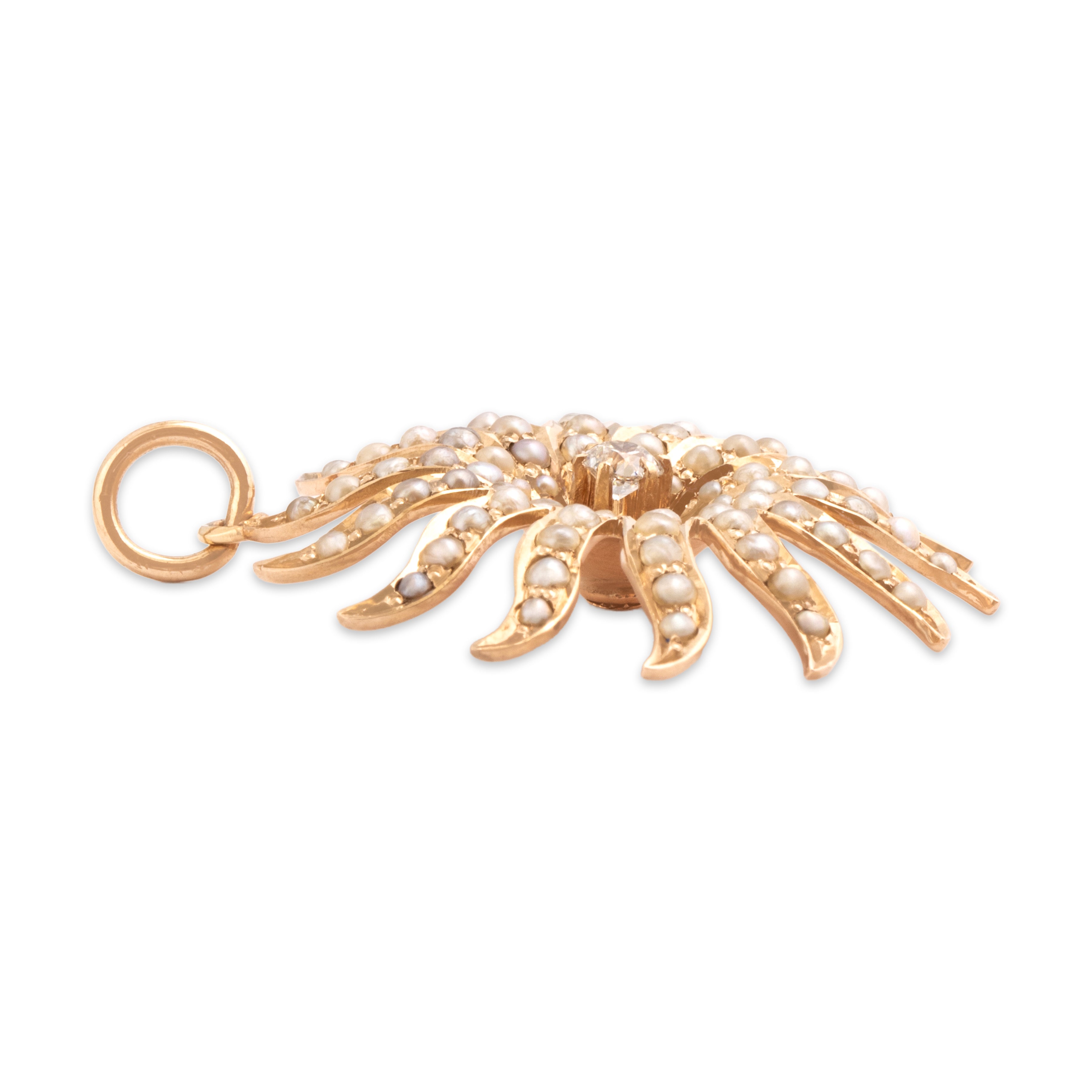Antique 10k Rosy Yellow Gold Old European Cut Diamond Seed Pearl Glowing Swirling Sun Pendant - Side view