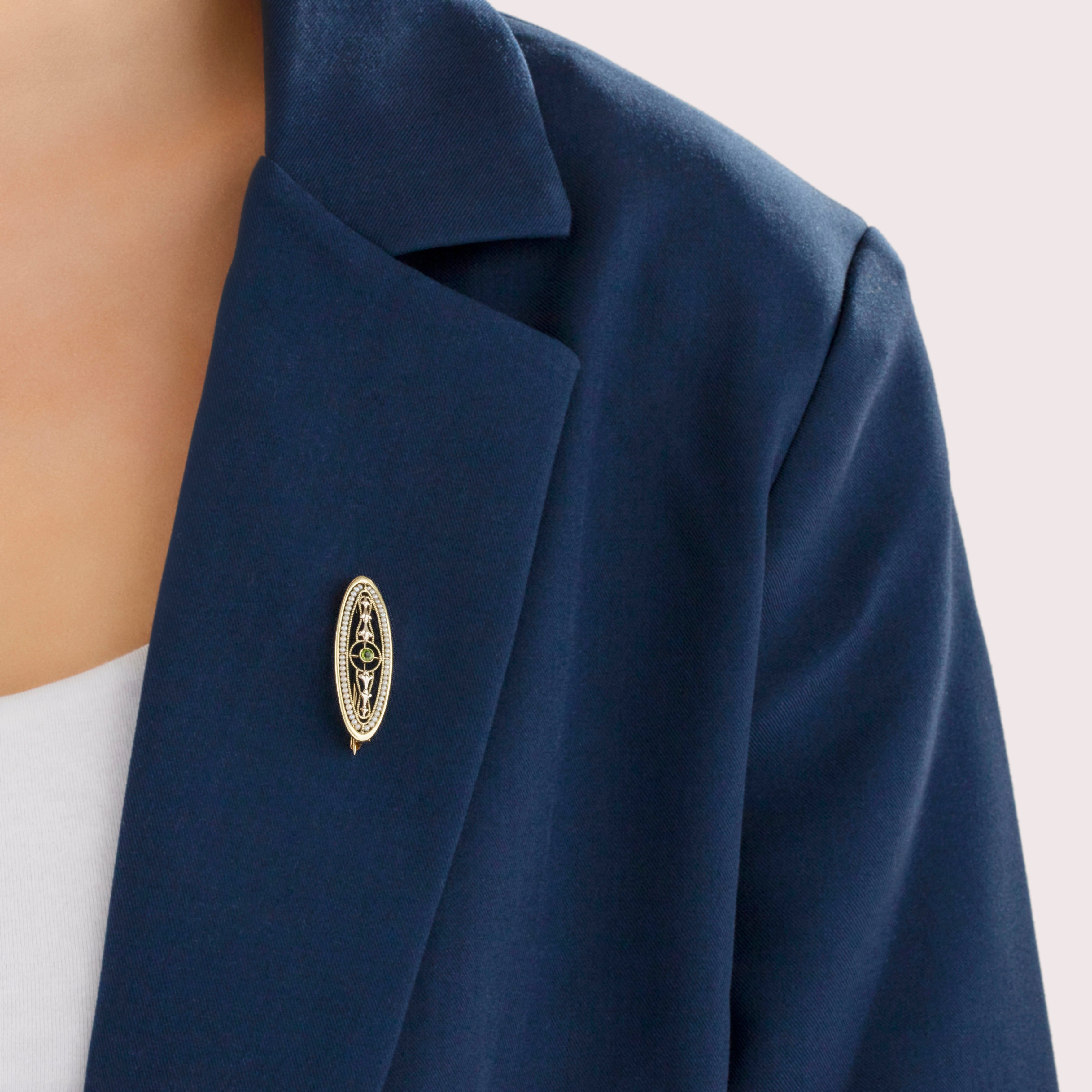 Antique Edwardian 14k Yellow Gold Peridot Seed Pearl Incredible Oval Suffragette Brooch / Pin - On model view