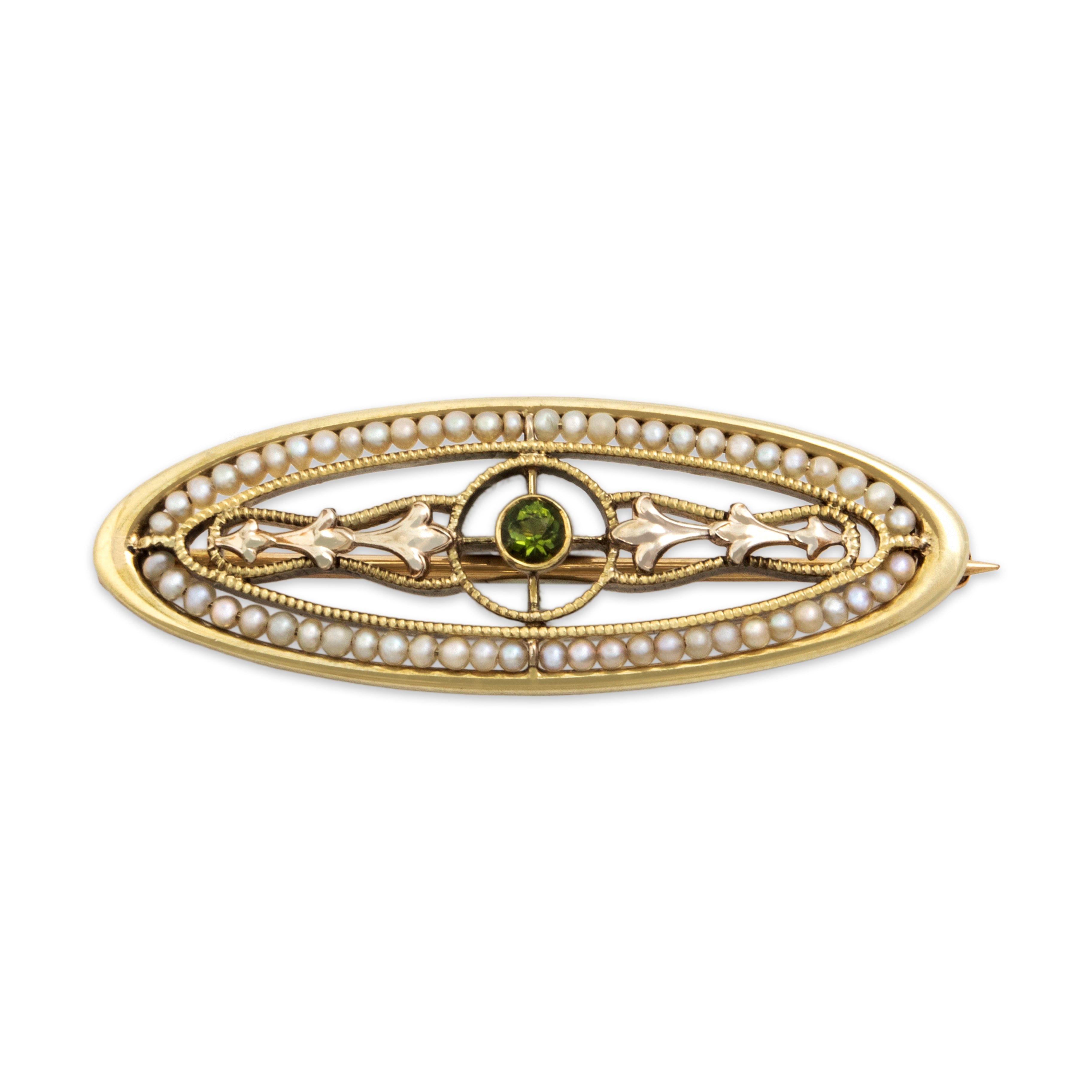 Antique Edwardian 14k Yellow Gold Peridot Seed Pearl Incredible Oval Suffragette Brooch / Pin - Close-up view