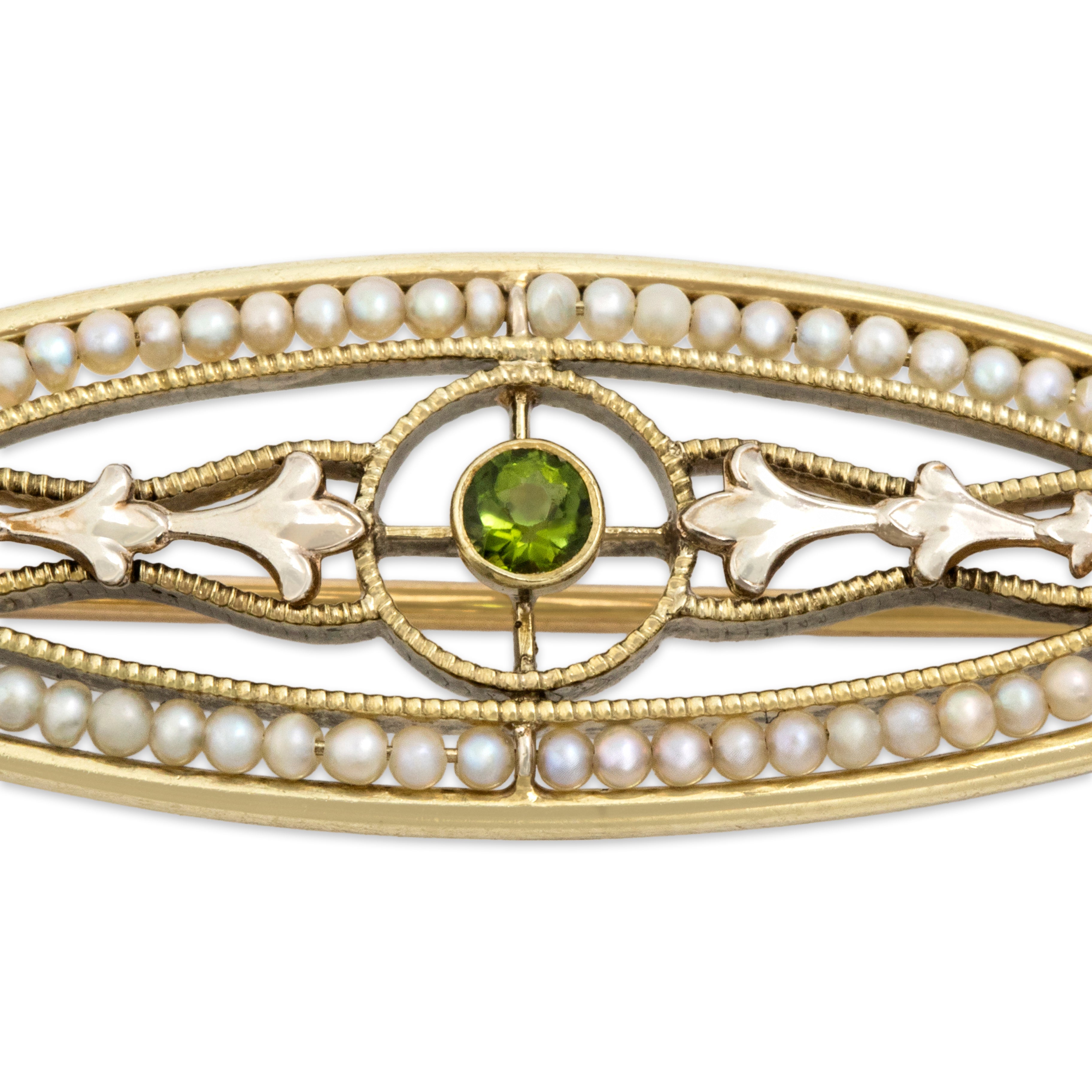 Antique Edwardian 14k Yellow Gold Peridot Seed Pearl Incredible Oval Suffragette Brooch / Pin - detail view #1