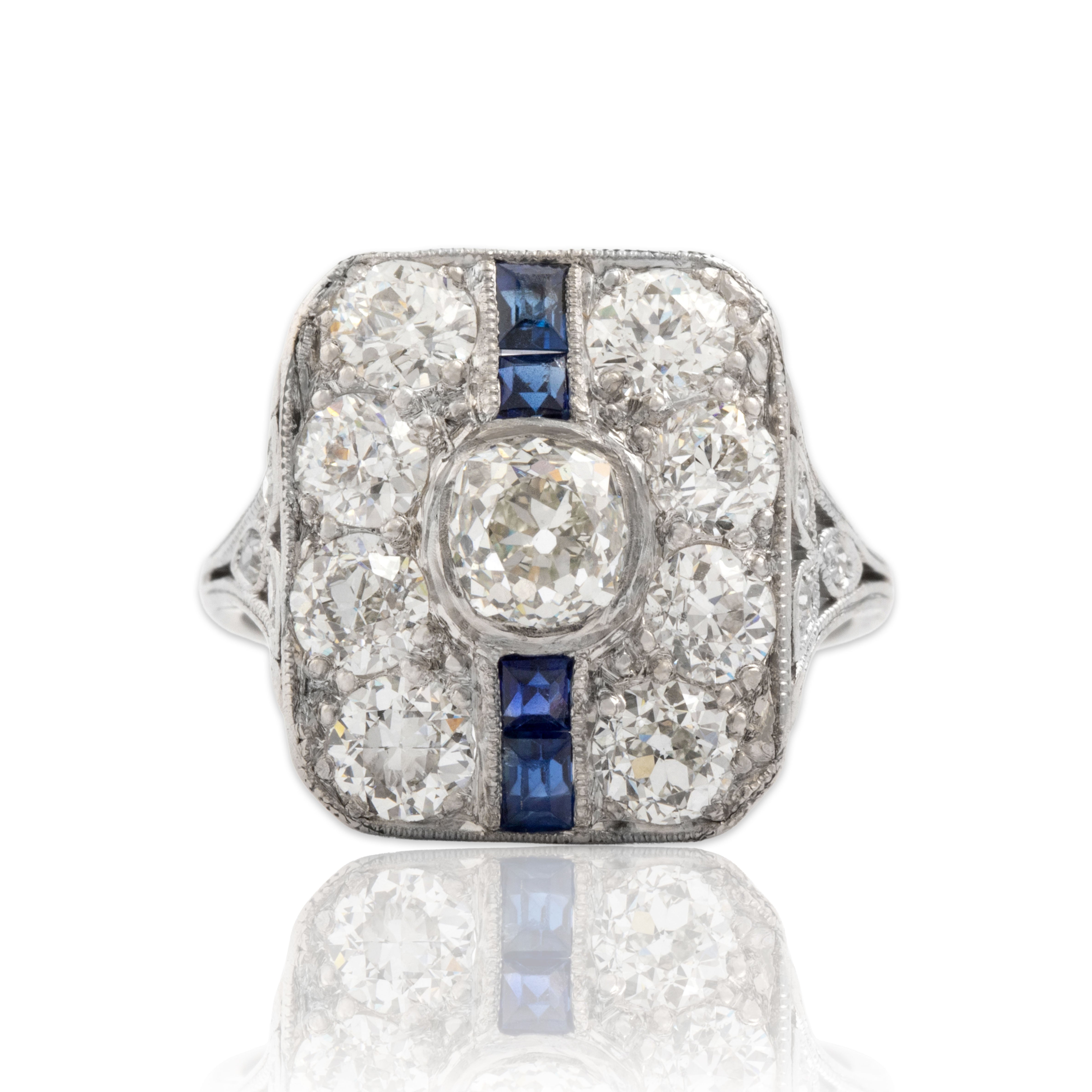 Antique Art Deco Platinum 2.43cttw Old Mine Diamond Sapphire Outstanding Ring 5.00