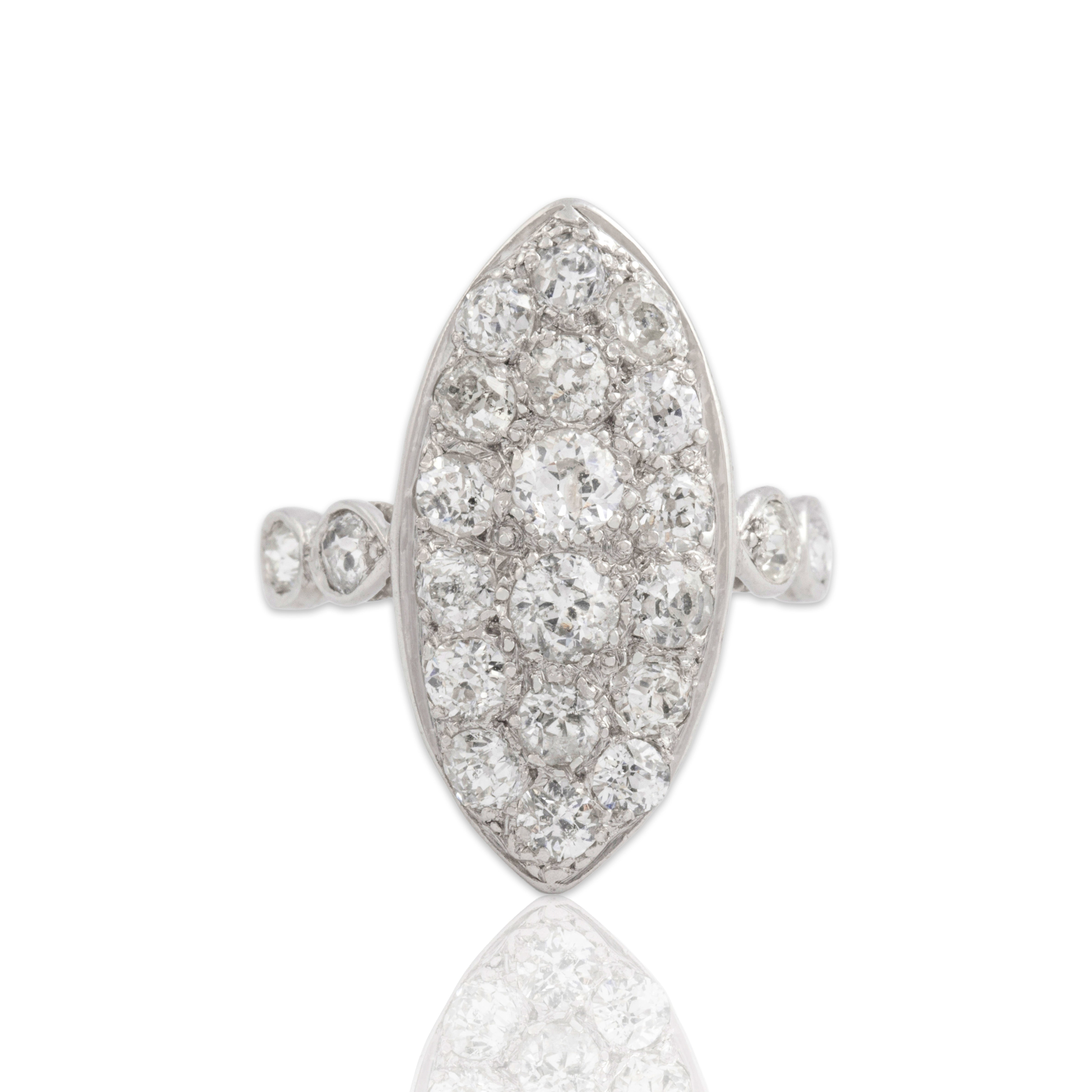 Antique Platinum 1.83cttw Old Mine Cut Diamond Dazzling Navette Cluster Ring 7.00
