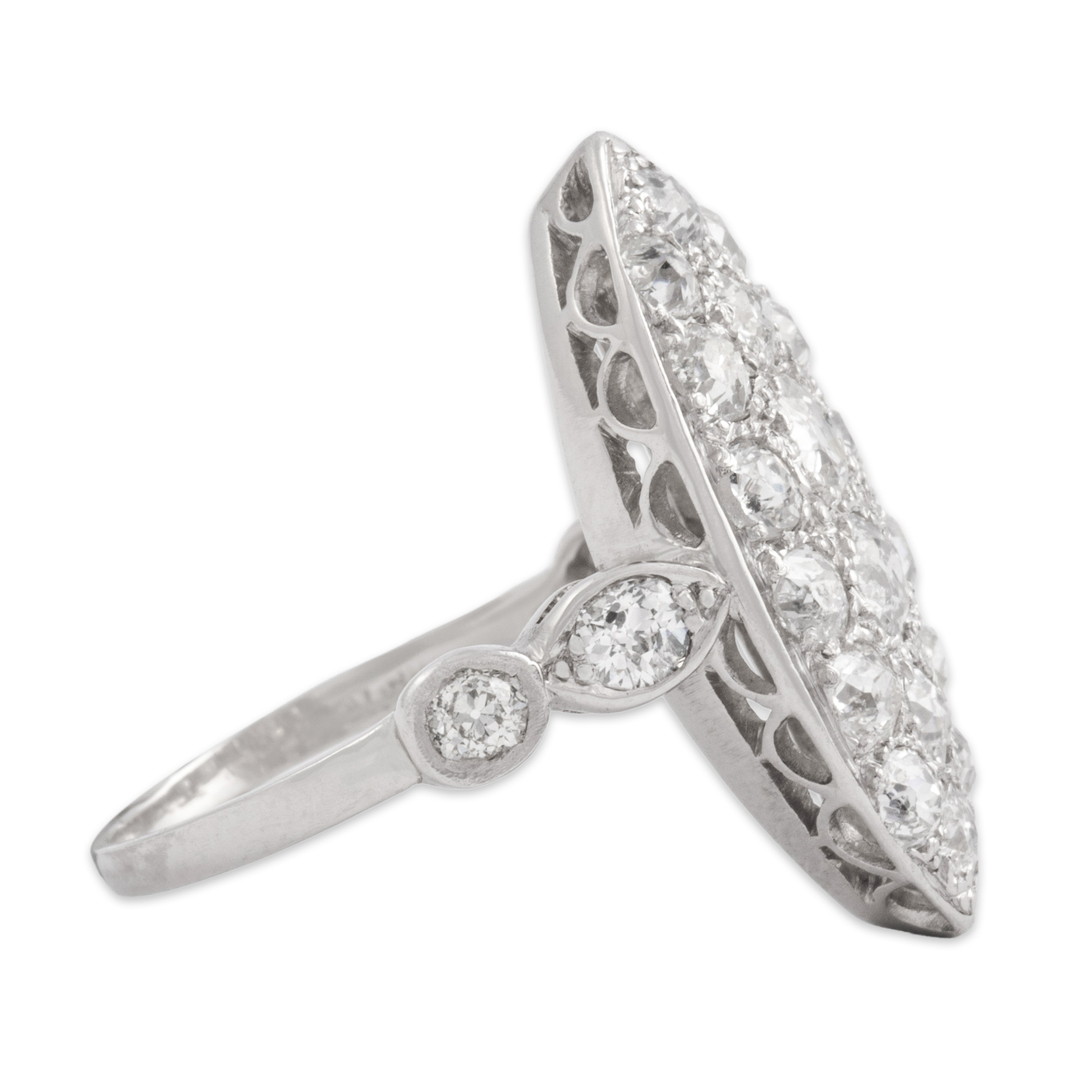Antique Platinum 1.83cttw Old Mine Cut Diamond Dazzling Navette Cluster Ring - Side view